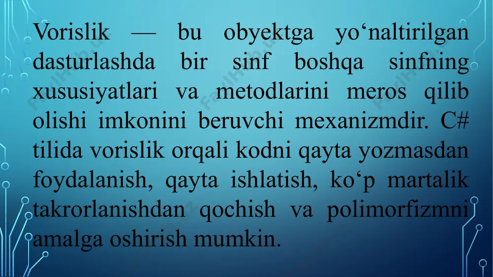 = new hosila_sinf(5, 2, 3, 4); console.writeline("bazali sinf obyektining koordinatalari: {0} {1} {2}", obj.x, obj.y, obj.z); obj.aer(obj); console.readline(); } } } e`tiboringiz uchun raxmat! image2.png image3.png image4.png image5.tmp /docprops/thumbnail.jpeg