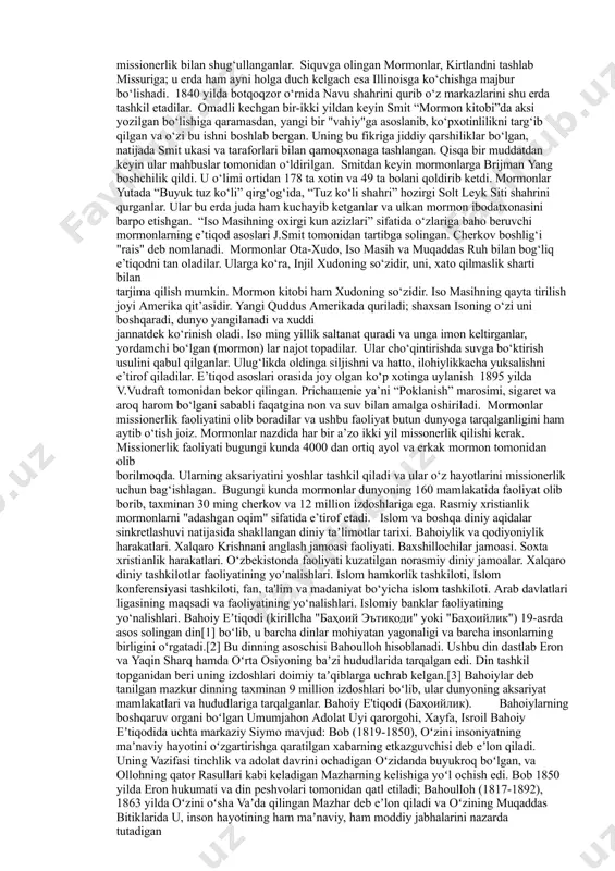 ingan. "iegovo shohidlari" missionerlikka katta e’tibor beradi. jamoa paydo bo‘lgan davrdan boshlab, asosan uyma-uy yurish va adabiyotlar tarqatish bilan o‘z izdoshlarini ko‘paytirishga harakat qiladi. ayrim ma’lumotlarga ko‘ra, hozirgi kunda iegovochi missionerlarning soni 700 mingdan ortiq kishini tashkil etadi. jamoa rahbariyati tomonidan missionerlarni tayyorlash ishlariga katta ahamiyat beriladi. aqshning nyu-yok shahrida, jamoaning bosh ofisi bilan bir joyda "galaad" nomli missionerlar tayyorlash markazi mavjud. ushbu markazda tashkil etilgan besh oylik kurslarda butun dunyodan kelgan missionerlar tahsil olishadi. missionerlik faoliyatini moliyaviy qo‘llab-quvvatlash va adabiyotlarni nashr etish uchun “qo‘riqchi minora”, “bibliya” va “risolalar jamiyati” tuzilgan. ushbu jamiyat korporasiya deb atalib, bosh qarorgohi tashkilot asosiy binosi bilan bir joyda, aqshning bruklin shahrida joylashgan. korporasiyani etti direktordan iborat boshqaruv kengashi boshqaradi va ular korporasiya prezidentini saylaydilar. hozirgi kunda “iegovo shohidlari” 230 dan ortiq mamlakatda faoliyat olib boradi va dunyo bo‘yicha 111 ta mintaqaviy vakolatxonalarga ega. iegovochilar missionerlikni o‘ziga xos tarzda va tizimli tashkil etganlar. mutaxassislar fikricha, …