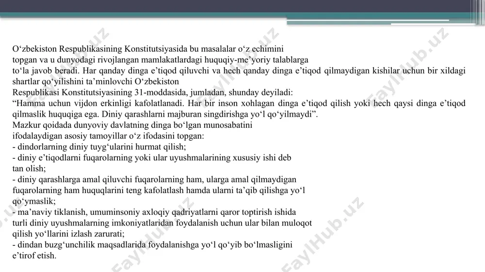 olanadi. aqidaparastlik qator davlatlar kabi o`zbekistpnga ham tahdid solmoqda shuning uchun ham prezident i. karimov doimo o`zbekiston fuqorolarini kuchayib borayotgan diniy aqidaparastlik va ekstrimizm havfidan ogoh bo`lishga, davat etib kelmoqda. din – tabiat, jamiyat inson va uning ongi, yashashdan maqsadi hamda taqdiri insoniyatning bevosita qurshab olgan atrof-muhitdan tashqarida bo‘lgan, uni yaratgan ayni zamonda insonlarga to‘g‘ri, haqiqiy, odil hayot yo‘lini ko‘rsatadigan ilohiy qudratga ishonch va ishonishni ifoda etadigan maslak, qarash ta’limotdir. u muayyan ta’limotlar, his-tuyg‘ular, toat-ibodatlar va diniy tashkilotlarning faoliyatlari orqali namoyon bo‘ladi. u olam, hayot yaratilishini tasavvur qilishning alohida tariqasi, uni idrok etish usuli, olamda insoniyatning ilk tarixidan to bizgacha o‘tgan davrlarni ilohiy tasavvurda aks etishidir. din komil insonni tarbiyalashda salmoqli tarbiyalovchi qudratga ega bo‘lgan ma’naviy-axloqiy kuchdir. birinchidan, har bir din o‘z e’tiqod qiluvchilari uchun to‘ldiruvchilik, tasalli beruvchilik – kompensatorlik vazifasini bajaradi. masalan, insonda doimiy ehtiyoj hosil qilish hodisasini olaylik. inson o‘z hayoti, turmush tarzi, tabiat va jamiyat bilan bo‘lgan …