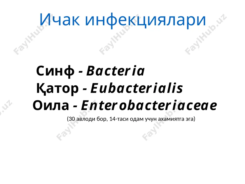 олазы трансферазы оксидоредуктазы изомеразы лиазы лигазы escherichia coli нинг асосий хусусиятлари: белгилари патогенлари сапрофитлар 1. грам буйича буялиши гр (-) гр (-) 2. белгилари капсула микрокапсула микрокапсула 3. харакатчанлиги - + + 4. каталаза + + 5. оксидаза - - 6. реакция фогеса-проскаурра - - 7. н2s - - 8. уреаза - - 9. лактоза кўпчилиги +( - ) + 10. глюкоза к- кўпчилиги кг 11. индол хосил қилиши + + 12. желатитани гидролизлаши - - 13. колицин ишлаб чиқариши + ± 14. спм (микробнинг санитар кўрсатгичи) - + антигенлари о - соматик - 173та серологик гуруҳ к – капсулали - 80 та серологик гуруҳ н – хивчинли - 56 та серологик гуруҳ табиатда тарқалиши ва чидамлилиги ташқи муҳит омилларига чидамли сувда, тупроқда бир неча ойгача сақланади 55 °с температурада бир соатдан сўнг ўлади ташқи муҳитнинг ахлатли ифлосланишини белгилайди, шунинг учун санитар кўрсатгич микроб ҳисобланади патогенлик омиллари эндотоксин - липополисахарид …