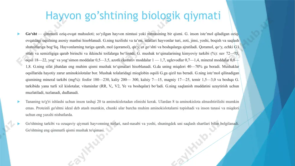 hatidan bir-biridar farq qiladi. tovuq go‘shtida oqsil moddalari tez xazm bo‘ladi. yog‘i past haroratda eriydi. semiz tovuq go‘shtida 20% oqsil, 16% yog‘, 1% meniral moddalar, 64% suv bo‘ladi va 100g tovuk go‘shti 228 kkal energiyani beradi. parrandalar kuruklakda (tovuk, broyler, bedanalar) va suvda yashaydigan parandalarga (o‘rdaklar, g‘ozlar, kurkalar) bulinadi. quruqlikda yashaydigan parrandalar go‘shtida, suvdagi parrandalarga nisbatan lipidlar kamroq bo‘lib, protein ko‘proq bo‘ladi. parrandalar tabora kattalashagan sari ular go‘shtida oqsil kamayib, lipidlar miqdori ortib boradi. ularning tarkibida ko‘p miqdorda to‘yinmagan yoh kislotalari bor. past xaroratda (25-340) eriydi va xayvon yog‘iga ko‘ri oson xazm bo‘ladi. tovuq go‘shtida oltingugurt miqdori boshqa xayvonlarga nisbatan ko‘p uchraydi. agar noto‘g‘ri saqlansa havo kislorodi natijasida oksidlanib ko‘karib qoladi. parrandalar skeleti bosh suyak, umurtqa suyagi, ko‘krak suyagi, tos qanot va oyoq suyaklaridan tashkil topgan. suyaklar orasida ilik bo‘lmaydi. parranda yog‘lari asosan teri ostida va ichki organlarda to‘planadi. parranda go‘shtida “marmarlik” xususiyati bo‘lmaydi. yog‘ miqdori tovuklarda – 16%, g‘ozda …