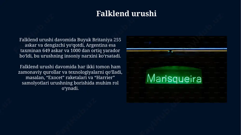 gi milliy siyosiy sahnaga chiqishini belgilab berdi. meros va tanqid 1979-yildagi saylovlarda konservatorlar partiyasining g'alabasi va тэтчерning bosh vazir bo'lishi buyuk britaniyada 30 yildan ortiq davom etgan leyboristlar hukmronligiga chek qo'ydi va yangi iqtisodiy siyosatlarning boshlanishini belgilab berdi. маргарет тэтчернинг 1982-yilda folklend urushi davrida argentinaga qarshi qat'iy harbiy harakatlari buyuk britaniyaning jahon siyosatidagi ta'sirini 10 yildan ortiq muddatga mustahkamladi va uning siyosiy obro'sini oshirdi. e'tiboringiz uchun rahmat @taqdimot_robot image5.jpg image6.jpg image7.jpg image8.jpg image9.jpg image10.jpg image11.jpg image12.jpg image13.jpg image14.jpg image1.jpg