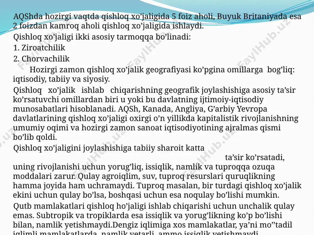anklardan kredit olib berish bilan chegaralanib qolmasdan, balki qishloq xo’jalik yerlarini sotishni ham qo’llarida olib qolishiga xarakat qilmoqdalar. rivojlanayotgan davlatlar xukumati yirik xo’jaliklarga iqtisodiy ko’mak berish (imtiyozli bank kreditlari olib berish, texnikani takomillashtirish, davlat hisobiga yerlarni meliorativ holatini yaxshilash va hokazo), qishloq xo’jalik yerlarini yiriklashtirish va qishloq xo’jalik ishlab chiqarishni to’plash bilan birgalikda mayda xo’jaliklarni huquq va imkoniyatlarini cheklashtirmoqdalar. bunday xo’jalik yuritish tadbirlari (kichik va o’rta dexqonlarini sindirish) yirik xo’jaliklarni barpo qilish, texnikaviy jihozlangan xo’jaliklar va tovar mahsulotlarini ishlab chiqarishni ko’paytirishga yo’naltirilgan. rivojlanayotgan ko’pgina mamlakatlarda iqtisodiy rivojlanish darajasini va ularda mavjud agrar munosabatlarni qayta o’zgartirish va modernizatsiya qilish bo’yicha turlicha holatlarni qurish mumkin. bu mamlakatlarda boshqarish qiyin bo’lgan holatlarni, agrar munosabatlarning murakkabligi, mablag’larning yetishmasligi va ularni kiritmaslik qishloq xo’jalik ishlab chiqarishi rivojlanishini sustlashtirmoqda. shu guruhga kiruvchi ayrim mamlakatlarda iqtisodiy rivojlanish darajasi nisbatan yuqori bo’lgan (m.: argentina) yirik er egaligi hisobiga (mahalliy mahsulotlar va chet el kapitali hisobiga) tovar mahsuloti ishlab …