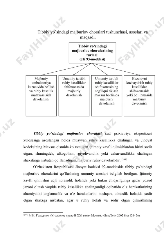 holda davolanayotgan shaxslarga nisbatan qo`llanilayotgan choralar qo`llaniladi. [167] yuqoridagi qoidaga muvofiq tibbiy yo`sindagi majburlov choralari jazo chorasi hisoblanmaydi. tibbiy yo`sindagi majburlov choralari sud tomonidan tayinlanadigan davlatning majburlov chorasi bo`lib hisoblanadi. bu majburlov chorasi sud hukmi bilan emas, balki, sud qarori bilan begilanadi. tibbiy yo`sindagi majburlov chorasi ruhiy kasallikka chalingan shaxsning qilmishini baholovchi xususiyatga ega emas, u qayta tarbiyalash maqsadini ko`zlaydi, ruhiy kasallikka chalingan shaxs tomonidan sodir etilishi mumkin bo`lgan ijtimoiy xavfli qilmishning oldindani oladi, ularni davolash va jamiyat manfaatlarini himoya qilishga xizmat qiladi. tibbiy yo`sindagi majburlov chorasining aniq bir turini qo`llashdan oldindan sud belgilangan maqsadlarning har biriga erishish mumkinligiga e`tibor qaratishi lozim. shunday qilib tibbiy yo`sindagi majburlov choralari jinoiy jazo chorasidan o`z asosiga, tuzilishiga va yuridik oqibatiga ko`ra farq qiladi. yuridik oqibati deganda, sudlanganlik holatining vujudga kelishi tushuniladi. tibbiy yo`sindagi majburlov chorasi sudlanganlik holatini keltirib chiqarmaydi. agar alkogolizm, giyohvandlik yoki zaharvandlikka yo`liqqan shaxslarga nisbatan jazo chorasi bilan birga tibbiy yo`sindagi …
