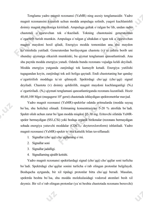 boshqa omillarga ham bog`liq, bo`lishi mumkin. shuning uchun ham odatda cho`qqi balandligini uning kengligiga ko`paytmasidan, ya`ni cho`qqi maydonini o`lchash usulida foydalaniladi. bu usul protonlar sonini aniq, topishga imkon beradi, yamr-spektrometrlarga maxsus elektron qurilmalar o`rnatilgan bo`ladi. uni integrator deyiladi. bu usulda topilgan protonlar jadalligiga integral jadalliklik deyiladi. integrator xuddi zinapoyaga o`xshash egri chiziq chizadi. sodda qilib bu «zina» balandligi cho`qqining kengligi bilan balandligi hisobga olingan holdagi balandligidir. zinalarning balandligi protonlar soniga proporstional. agar moddaning formulasi bo`lmasa, integral jadallikliklaridan foydalanib protonlar soni quyidagicha topiladi. noma`lum modda spektri integrator yordamida olinadi, ya`ni unda cho`qqilarning integral jadallikliklari keltirilgan bo`lsin. aytaylik, modda molekulasi o`ziga xos signallar beruvchi funkstional guruh (-c=o –h, -soon, sn3-so-) ga ega. odatda, guruhlar kuchsiz maydonda signal beradi. masalan, molekulada metoksi guruh bo`lsa uning qaerda rezonans berishi bizga ma`lum. shu signalning integral jadallikligi 1,5 katakka teng deylik. u holda integral jadallikligi 9,0 bo`lgan cho`qqika 6 ta proton to`g`ri keladi, boshqa cho`qqilar uchun …