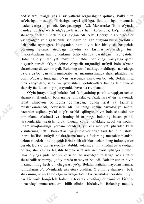 agi bolalar faol faoliyatining psixik taraqqiyot uchun ahamiyati shundaki, bolalarning turli sifat va fazilatlari o’yin jarayonida faqat namoyon bo’libgina qolmasdan, bunda sifat va fazilatlar mustahkamlanadi, o’zlashtiriladi. shuning uchun psixologiya nuqtai nazardan oqilona ya’ni to’g’ri tashkil qilingan o’yin bola shaxsini har tomonlama o’stiradi va shuning bilan birga bolaning butun psixik jarayonlarida –sezish, idrok, diqqat, xotira, tafakkur, xayol va irodani ildam rivojlanishiga yordam beradi. o’yin o’z mohiyati jihatidan katta kishilarning hatti –harakatlari va xulq-atvorlariga faol taqlid qilishdan iborat bo’lishi tufayli bolalarda ma’naviy sifatlarning mustahkamlanishi uchun va odob – axloq qoidalarini bilib olishlari uchun keng imkoniyatlar beradi. bola o’yin jarayonida tabiblik yoki muallimlik rolini bajarayotgan bo’lsa, shu kasbga tegishli barcha sifatlarni namoyon qilishga intiladi. ular o’yinga juda berilib ketsalar, bajarayotgan rollariga xos sifatlar shunchalik samimiy, ijodiy tarzda namoyon bo’ladi. bolalar uchun o’yin mazmunining hech bir chegarasi yo’q. bolalar kattalar hayotini hamma tomonlarini o’z o’yinlarida aks ettira oladilar. o’yinning ahamiyati bola shaxsining o’sib kamolotga …