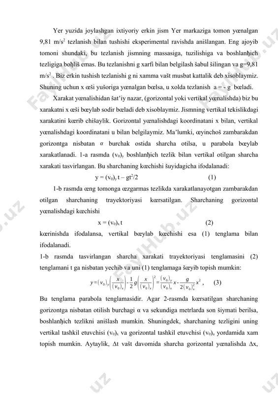 ∆t vašt davomida sharcha gorizontal yœnalishda ∆x, vertikal yœnalishda esa ∆u masofani uchib œtsa, u xolda pifagor teoremasiga binoan sharchaning tœliš chizišli kœchishi šuyidagiga teng bœladi: , (4) (4) tenglamaning xar ikkala tomonini ∆t ga bœlsak, , (5) yoki (6) bœladi. bu yerda uch œlchovli fazoda esa (7) ga teng bœladi. fizikada kœpincha vektor kattaliklar bilan ish kœrishga tœђri keladi. u yoki bu fizik kattalikning vektor kattalik ekanligi tajribada anišlanadi. jismning kœchishi, tezlik, tezlanish, kuch, impuls momenti, kuch impulsi, elektr maydon kuchlanganligi, magnit maydon kuchlanganligi va tok zichligi vektor kattaliklardir. tezliklarni vektor usulda šœshishni ošayotgan suvda xarakatlanayotgan šayiš misolida kœrsatish mumkin. šayišning ∆t vašt ichidagi suvga nisbatan kœchishini ∆s bilan, suvning širђošša nisbatan kœchishini ∆sc bilan belgilaymiz. u xolda šayišning širђošša nisbatan kœchishi ∆s’ šuyidagicha bœladi: ∆s’ = sc + ∆s (8) bu ifodaning xar ikkala tomonini ∆t ga bœlib yuborsak, (9) ga ega bœlamiz. agar ∆t  0 bœlsa, …