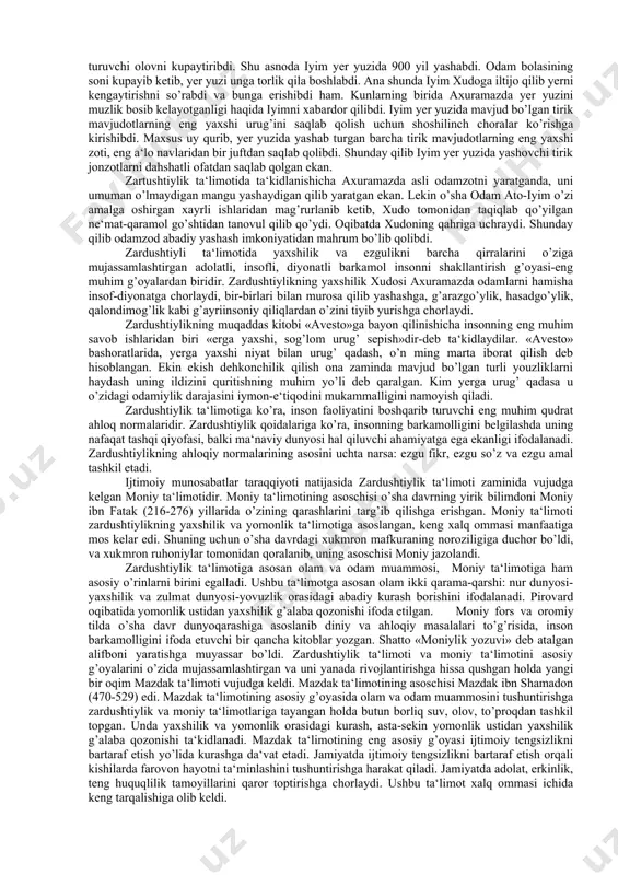 asarida atroflicha fikr yuritgan qadimgi xitoy falsafasi. qadimgi xitoyda fan va madaniyat o‘ziga xos shaklda rivojlangan. eramizdan avvalgi ikki minginchi yilning o‘rtalariga kelib, yuan-in davlatida muayyan xo‘jalik shakli yuzaga kelgan. eramizdan avvalgi xii ayerda esa urushlar natijasida davlat chjou qabilasining qo‘liga o‘tgan. bu hokimiyat eramizdan avvalgi iii ayergacha davom etgan. bu vaqtda diniy mifologik dunyoqarash hukmronlik qilgan. u olam va tabiatning paydo bo‘lishini o‘ziga xos tarzda tushuntirgan va dunyoviy bilimlar rivojiga o‘z ta’sirini o‘tkazgan. bunday ruxdagi falsafiy g‘oyalar ayniqsa qadimgi xitoy donishmandi konfutsiy (551—479) ijodida yaqqol aks etgan. uning “hikmatlari” , ya’ni aforizmlari juda mashxur. konfutsiy ta’limotida umuminsoniy qadriyatlarning xitoy xalqi turmush tarzida o‘ziga xos tarzda namoyon bo‘lishi, bu xalqqa xos ma’naviy mezonlar aks etgan. bu ta’limot bir necha asrlar davomida ushbu hududda milliy g‘oyalar majmui, millatning mafkurasi sifatida odamlarning ma’naviy ongi va qiyofasi shakllanishiga ta’sir ko‘rsatgan. u hozirgi xitoyda ham o‘zining muayyan ahamiyatini saqlab qolgan. konfutsiy fikricha. olamni osmon …