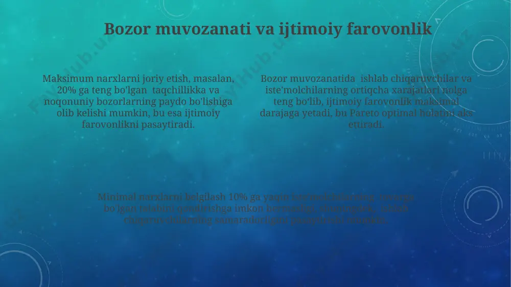shiga va 10% gacha bo'lgan iste'molchilarning tovarlarga bo'lgan talabining qondirish darajasining pasayishiga olib kelishi mumkin. minimal narxlar fermerlarning daromadlarini 15-25% ga kamaytirib, ularni samarali ishlab chiqarishdan voz kechishga majbur qilishi mumkin, bu esa taklifning keskin pasayishiga olib keladi. minimal narxlar oziq-ovqat mahsulotlari yetishmovchiligiga, 20% gacha bo'lgan taklifning kamayishiga va qora bozorning rivojlanishiga olib kelishi mumkin. maksimal narxlarning oqibatlari maksimal narxlarning joriy etilishi 20% ga yaqin mahsulot tanqisligiga va 30% ga yaqin bozor ishtirokchilarining qora bozorga o'tishga majbur bo'lishiga olib kelishi mumkin. maksimal narxlar, ayniqsa, talab yuqori bo'lgan tovarlar bozorida, 50% gacha bo'lgan taqchillikni va sifatning pasayishini keltirib chiqarishi mumkin. agar maksimal narxlar bozor muvozanatidan ancha past bo'lsa, 10% dan ortiq sotuvchilar bozorni tark etishi va bu esa taklifning kamayishiga olib keladi. e'tiboringiz uchun rahmat @taqdimot_robot image3.png