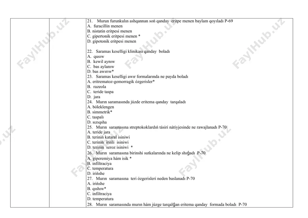 rińli ajralma c. irińli ajralma d. giperemiya 41. ótkir rinittiń ekinshi stadiyasında transsudata ne anıqlanadı p-137 a. natriy xlor hám ammiak* b. kaliy hám natriy c. elektrolitler d. ionlar 42. ótkir rinittiń úshinshi stadiyası ne menen xarakterlenedi p-138 a. suwlı suyıqlıq payda bolıwı b.qoyıw silekey-irińli ajralmanıń payda bolıwı * c. giperemiya d. murın qurǵawı 43. organizm reaktivlgi jaqsı bolǵanda hám adekvat emlengende ótkir rinit qansha waqıt dawam etedi p-138 a.1-2 kún b. 3-4 kún c. 2-3 kún * d. 4-5 kún 44. immuniteti tómen bolǵanda ótkir rinit qansha waqıt dawam etedi p-138 a. 3-4 hápte * b. 1-2 hápte c. 2-5 kún d.1-3 kún 45. ótkir rinittiń 2 stadiyası qansha waqıt dawam etedi? p-138 a.1-2 sutka b. 4-5 kún* c. 7-10 kún d.3-4 sutka 46. ótkir rinittiń 3 stadiyası qansha waqıt dawam etedi? p-138 a.1-2 sutka b. 4-5 kún c. 7-10 kún* d.3-4 sutka 47. ótkir rinit penen kesellengennen soń …