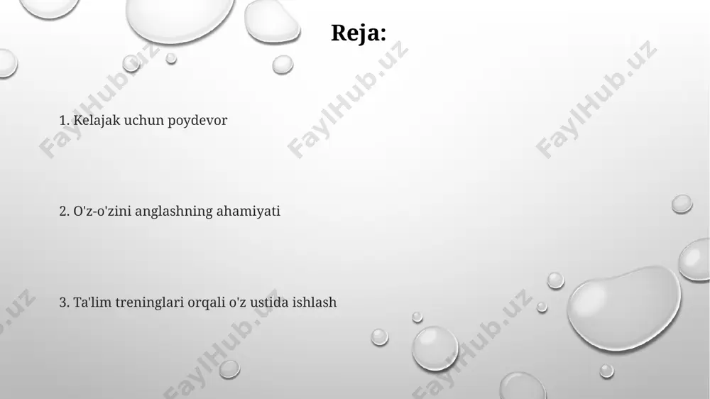shlari mumkin, bu esa ularning o'z-o'zini boshqarish va stressga chidamliligini oshiradi. ta'lim treninglarining roli ta'lim treninglari o'quvchilarning o'z-o'zini anglash darajasini 20% ga oshirishi va shuningdek, 15% ga o'ziga ishonchini mustahkamlashi mumkin, bu esa o'z navbatida muvaffaqiyatga erishish ehtimolini oshiradi. interaktiv ta'lim treninglari, masalan, rollarni o'ynash yoki muammolarni hal qilish orqali, 9-sinf o'quvchilarining 30% da muloqot ko'nikmalarini rivojlantirishga yordam beradi va jamoaviy ishlashga bo'lgan munosabatlarini yaxshilaydi. o'quv treninglarining samaradorligi 70% ga yetganda, o'quvchilarning o'z qobiliyatlarini aniqlash va rivojlantirishga bo'lgan qiziqishi kuchayadi, bu esa o'qishga bo'lgan motivatsiyani oshiradi. stress va qiyinchiliklarni boshqarish stressni boshqarishning 5ta samarali usuli mavjud: chuqur nafas olish, meditatsiya, jismoniy mashqlar, sogʻlom ovqatlanish va yetarli uyqu. bu usullar stress gormonlari darajasini pasaytirib, ruhiy holatni yaxshilaydi. qiyinchiliklarga duch kelganda, 3 bosqichli yondashuv samarali: muammoni aniqlash, mumkin boʻlgan yechimlarni topish va eng yaxshi variantni tanlash. bu, muammoni hal qilish jarayonini tizimlashtiradi. oʻsmirlik davrida stress va qiyinchiliklarning 70% ijtimoiy munosabatlar bilan bogʻliq. …