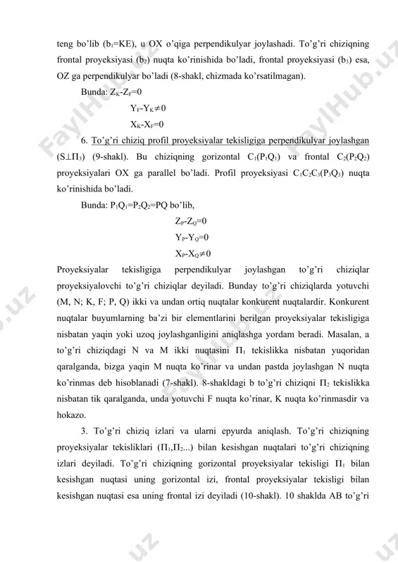 iziq izlarini epyurada topilishi ko’rsatilgan. to’g’ri chiziqning gorizontal izini topish uchun, uning frontal proyeksiyasi a2b2 ni ox o’qi bilan kesishguncha davom ettiriladi, keyin ularning kesishgan m2 nuqtasidan (1 tekislik bo’ylab ox o’qiga perpendikulyar chiziq o’tkaziladi va shu chiziq bilan to’g’ri chiziqning gorizontal proyeksiyasi kesishgan nuqta ab to’g’ri chiziqning gorizontal izini ifodalaydi, gorizontal izining gorizontal proyeksiyasi shu yerda bo’ladi. to’g’ri chiziqning frontal izini topish uchun uning gorizontal proyeksiyasi a1b1 ni ox o’qi bilan kesishguncha davom ettiriladi va shu nuqtadan (n1), (2 tekislik bo’ylab ox o’qiga perpendikulyar chiqariladi, shu perpendikulyar bilan to’g’ri chiziqning frontal proyeksiyasini kesishgan (n2) nuqtasi aniqlanadi. agar to’g’ri chiziq biror proyeksiyalar tekisligiga parallel bo’lsa, uning o’sha tekislikdagi izi bo’lmaydi. 4. to’g’ri chiziq kesmasining haqiqiy kattaligini va proyeksiyalar tekisligi bilan hosil qilgan burchaklarini aniqlash. biz yuqorida to’g’ri chiziq kesmasini proyeksiyalar tekisliklariga nisbatan ixtiyoriy vaziyatda, ya’ni to’g’ri chiziq proyeksiyalar tekisliklariga nisbatan o’tkir burchak ostida joylashgan bo’lishi mumkin degan edik. bunday vaziyatda …