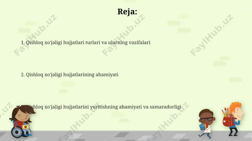 a texnika xavfsizligi bo'yicha ko'rsatmalar, 5-ilova bilan ta'minlanishi va har bir ishchi uchun nusxasi mavjud bo'lishi kerak. dehqonchilik hujjatlarini saqlash va arxivlash to'g'ri hujjatlashtirish, subsidiya olish, kredit olish va eksport-import operatsiyalarini amalga oshirishda muhim ahamiyatga ega bo'lib, kamida 3 turdagi hujjatlarni taqdim etish talab qilinishi mumkin. elektron arxivlash tizimidan foydalanish, 1000 tagacha hujjatni samarali boshqarish, qidiruv vaqтини qisqartirish va ma'lumotlarni yo'qotish xavfini kamaytirish imkonini beradi. dehqonchilik hujjatlarini kamida 5 yil davomida saqlash, davlat nazorati va soliq tekshiruvlari uchun zarur bo'lgan ma'lumotlarning to'liqligi va ishonchliligini ta'minlaydi. yer hujjatlari va ularning roli dehqon xo‘jaliklari uchun 3 yildan ortiq davrni qamrab oluvchi hosil hisobi, texnika ishlatilishi va xarajatlar bo‘yicha batafsil hujjatlar soliqlarni to‘g‘ri hisoblash va subsidiyalar olish uchun zarur. sug‘urta kompaniyalari bilan tuzilgan shartnomalar va to‘lov hujjatlari, tabiiy ofatlar yoki boshqa kutilmagan hodisalar natijasida yuzaga kelgan zararlarni qoplash uchun muhim dalil bo‘lib xizmat qiladi. yer hujjatlari, masalan, yer kadastri reestri va mulk huquqini …