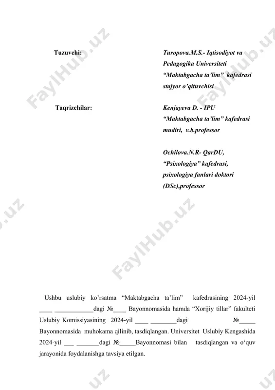 …………………………… annotasiya bolalarning estetik tarbiyasi metodikasi maktabgacha tarbiya pedagogikasini bir bo`lagi sifatida. kursning predmeti, uning boshqa pedagogik siklning fanlari bilan o`zaro bog`liqlik, bola psixologiyasi, anatomiyasi va fiziologiyasi, gigiena, pediatriya, bolalar adabiyoti va boshqa metodikalar bilan. san'atning nazariyasi va estetika – bolalarning tasviriy faoliyatiga rahbarlik qilishning metodologik asoslari. estetik tarbiya bolalarning har tomonlama rivojlanishi uchun bir vosita sifatida, bolalarni estetik tarbiya jarayonida va uning natijalari bo`yicha o`rganish, tasviriy faoliyat mashg`ulotlarida maktabgacha yoshdagi bolalar bilan ta’lim-tarbiyaviy ishlarni tashkil qilish, shu mashg`ulotlarni bolaning kundalik rejimida tutgan o`rni, mashg`ulotdan tashqari vaqtlarda tasviriy faoliyatni tashkil qilishning o`ziga xosligi, bolaning iqtidorini va ijodiy qobiliyatini rivojlantirish muammosi. maktabgacha yoshdagi bolalarning estetik tarbiya metodik kasbining tarixi. uslubiyotchi va pedagogik kollejlarning o`qituvchilari tasviriy, musiqaviy malaka ko`nikmalarni egallagan bo`lishlari kerak. kursni o`rganish, adabiyotlarni o`rganish, pedagogik jarayonni kuzatish, eksperiment tajribalarni umumiylashtirish, bolalar ishlarini psixologo-pedagogik analiz qilish, ma'ruza materiallarini o`zlashtirish va hokazo metodlar bolalar tasviriy faoliyatiga raxbarlik kilish metodikasi: maktabgacha yoshdagi bolalarning …
