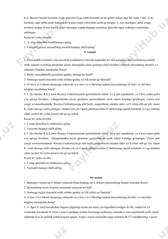 inlashdan bo‘yin tovlash jinoyatining farqi nimadan iborat? 3. harbiy qism yoki xizmat joyini oʼzboshimchalik bilan tashlab ketish jinoyati dezertirlik jinoyatidan qanday belgilariga koʼra farqlanadi? 4. odam o‘g‘irlash jinoyati shaxsni garov sifatida tutqunlikka olish jinoyatidan qanday belgilariga ko‘ra farqlanadi? 5. r. navoiy iqtisodiy zonasi hududida joylashgan kabelь ishlab chiqarish korxonasida texnika xavfsizligi muxandisi lavozimida ishlab kelib, korxona atrof tabiiy muhitni ifloslantirayotganligi haqida maʼlumotlarni buzib koʼrsatib kelgan. bir yil davomida korxonada ishlagan ishchilarning 50 foizi turli allergik kasalliklarga duchor boʼlishgan. kazus boʼyicha savollar: 1. r. ning qilmishida jinoyat tarkibi bormi? 2. jinoyat tarkibi boʼlsa r.ning qilmishini kvalifikatsiya qiling. 6. a. ilgari s. ismli kursdoshini haqorat qilganligi uchun maʼmuriy javobgarlikka tortilgan bo‘lib, oradan bir yil o‘tmasdan, kursdoshi d. bilan o‘zlari o‘qiydigan institut binosidagi auditoriya xonasida o‘zaro janjallashib qolib, janjal oqibatida d.ni ko‘pchilik oldida haqorat qilgan. tergov organi tomonidan unga nisbatan jk 277-moddasining 1-qismi bilan ayb eʼlon qilgan. himoyachi a.ni qilmishini jk 140-moddasi 1-qismi …