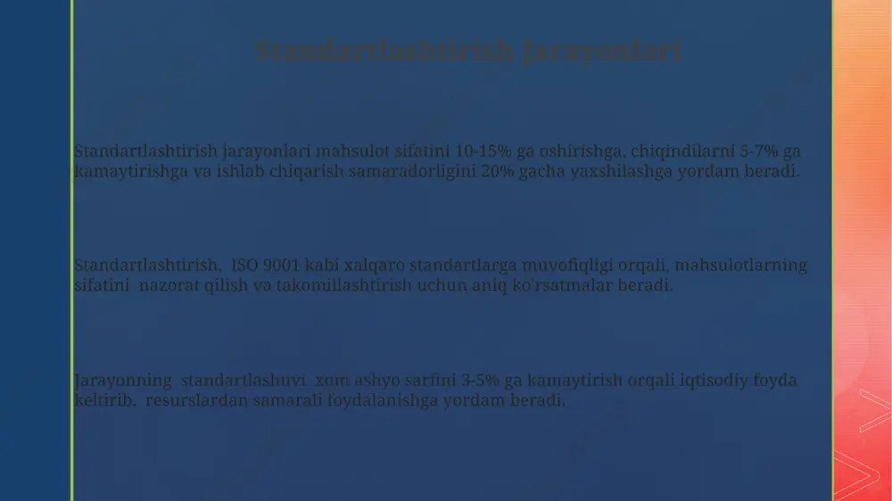 m bo'lib, 5 dan ortiq tarkibiy qismlarni aniq miqdorlarda ko'rsatadi. standart retseptlarni qo'llash mahsulot tannarxini hisoblashni soddalashtiradi va bozorda raqobatbardoshlikni oshirishga yordam beradigan 20% gacha tejash imkonini beradi. to'g'ri standartlashtirilgan retseptlar texnologik jarayonlarni optimallashtirishga yordam beradi va 10% gacha chiqindini kamaytiradi, shu bilan birga mahsulotning bir xilligini ta'minlaydi. sifat nazorati va xavfsizlik tayyor mahsulotning sifat xususiyatlariga oid 3 ta asosiy parametr (masalan, ogʻirligi, hajmi, tarkibi) aniq nazorat qilinadi va standartlardan chetga chiqishlar darhol qayd etiladi. xavfsizlik choralari sifatida ish joyida 10 dan kam boʻlmagan yongʻin xavfsizligi jihozlari (oʻt oʻchiruvchilar, yongʻin signalizatsiyasi) mavjudligi majburiy hisoblanadi. sifat nazorati jarayonida kamida 5 ta namunaviy tekshiruv nuqtalari belgilangan boʻlishi va har bir nuqta boʻyicha aniq mezonlar mavjud boʻlishi kerak. yordamchilarning rolini o'rganish yordamchilar standart retseptlarni tayyorlash jarayonida 20% gacha vaqtni tejashga yordam beradi, bu esa 5-10 ta retseptni bir vaqtning o'zida boshqarish imkonini beradi. o'rtacha hisobda, 3 ta yordamchi bilan ishlaganda, standart retseptlarni ishlab …