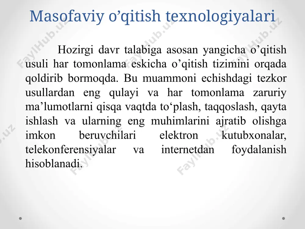 osan virtual xolatdagi ta’lim turida emas, balki oddiy (kunduzgi va sirtqi) ta’lim turlarida o‘qish istagida bo‘lishadi. davlat masofaviy ta’lim standartlari yo‘qligi va natijada davlat nusxasidagi diplom berilmasligi. shu sababdan ko‘pgina masofaviy ta’lim kurslari bitiruvchilariga faqat ushbu kursni bitirganligi haqida sertifikat yoki guvoxnomalar berishadi. virtual muxit va texnika ta’minot bilan bog‘liqligi. masofaviy ta’lim internet borligi, undan foydalanish narxi, tezligi va servislar mavjudligiga, maxsus kommunikasion texnikalar mavjudligi va ular ishlashiga ta’alluqligi. masofaviy ta’limning asosiy texnologiyalariga kuyidagilarni kiritish mumkin: interaktiv texnologiyalar: internet masofaviy ta’lim portali. video va audio konferensiyalar. elektron pochta orqali ta’lim. internet orqali mustaqil ta’lim olish. uzoqdan boshqarish sistemalar. onlayn simulyator va o‘quv dasturlar. test topshirish sistemalari. interaktiv bo‘lmagan texnologiyalar: video, audio va bosmaga chiqarilgan materiallar. televizion va radio ko‘rsatuvlar. disklarda joylashgan dasturlar. elektron o‘quv qo‘llanma… zamonaviy ta’lim taraqqiyoti shunday imkoniyatlarga yaratilgan kompyuter paketlaridan tashkil topishi mumkin, uyda shaxsiy kompyuterlarda, mustaqil ishlash uchun jihozlangan oliygohlarda, kompyuter sinflarida, yotoqxonalarda, maxsuslashtirilgan malakaviy auditoriyalarda …