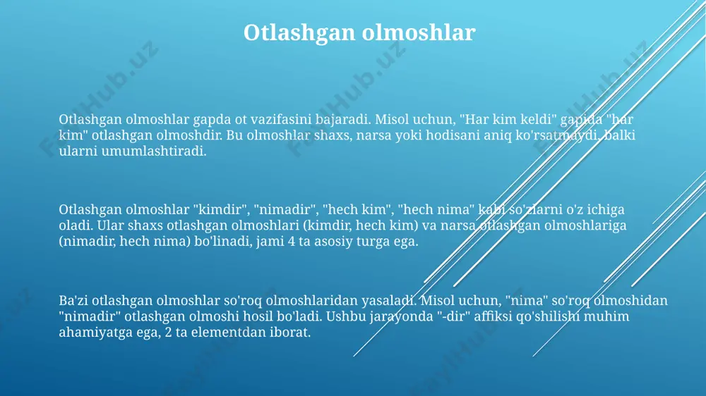 o'rnini va boshqa so'zlar bilan munosabatini aniqlaydi. nutqning mustaqil qismlari ot: predmetning nomini bildiruvchi nutq qismi. oʻzbek tilida otlar birlik va koʻplik shakllariga ega bo'lib, kim?, nima?, qayerda? kabi 3 ta savollarga javob beradi. misol: kitob, olma, maktab. son: predmetning miqdori yoki tartibini bildiruvchi nutq qismi. sonlar 2 turga bo'linadi: miqdor sonlar va tartib sonlar. miqdor sonlar nechta? savoliga, tartib sonlar esa nechanchi? savoliga javob beradi. misol: bir, o'n, birinchi. sifat: predmetning belgisini bildiruvchi nutq qismi. sifatlar 4 xil darajada kelishi mumkin: oddiy, qiyosiy, orttirma va kuchaytirma. u qanday? savoliga javob beradi. misol: chiroyli, katta, kichik. otlashgan sifatlar otlashgan sifatlar o'zlarining sifatlash xususiyatlarini yo'qotib, ot vazifasida keladi. misol uchun, "bemor" so'zi "kasal odam" sifatidan otlashgan bo'lib, yakka holda ishlatilganda 1-shaxs birlik ma'nosini anglatishi mumkin. otlashgan sifatlar gapda ega, to'ldiruvchi yoki holat vazifalarida kela oladi. bunda ular otga xos bo'lgan kelishik qo'shimchalarini qabul qilishi mumkin, masalan, "o'qimishliнинг фикри" (o'qimishlining fikri) iborasida …
