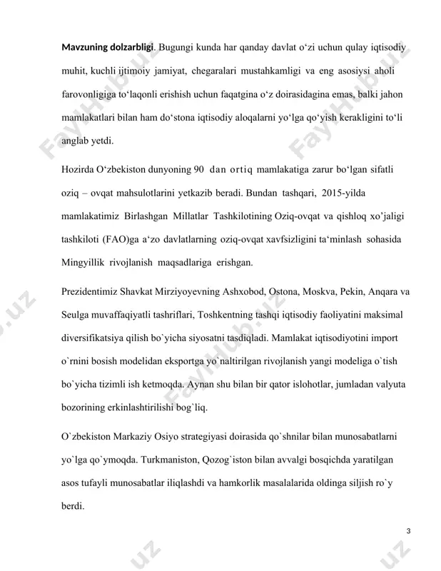 lubiy adabiyotlar, respublikamiz qonunlari, prezident nutqlari, chop etilgan ilmiy maqolalarga tayanildi. shu mavzuda keyingi yillarda nashr etilgan ilmiy tadqiqotlar, internet ma`lumotlari, statistika ma`lumotlari o`rganildi va mavjud ma`lumotlar asosida tahliliy natijalar ishlab chiqildi. bundan tashqari xorijiy olimlar tomonidan ushbu oid fikr mulohazalar, maqolalar ham tadqiq etildi. tayanch so’zlar: iqtisodiyot, savdo, import, export, savdo aylanmasi, bojxona stavkalari 1.1. o’zbekiston tashqi savdo aloqasi tashqi savdo aylanmasi hajmi 2023-yilning mos davri bilan solishtirilganda 870,1 million dollarga yoki 17,2 foizga kamaygan. o‘zbekiston 2024-yilning yanvar oyida jahonning 137 ta mamlakati bilan savdo aloqalarini amalga oshirgan. o‘tgan oyda eksport 1,1 milliard dollarga (-47,1 foiz) yetgan bo‘lsa, import 3,1 milliard dollarni (+4,1 foiz) tashkil etgan. salbiy saldo — 1,9 milliard dollar. yanvar oyida prezident mamlakatdagi eksport holatini tanqid qilgandi shavkat mirziyoyev raisligida yanvar o‘rtalarida eksport, investitsiya va mahalliy sanoatda 2024-yilda turgan vazifalar bo‘yicha yig‘ilish o‘tkazilgandi. o‘shanda prezident bevosita investitsiya, sanoat va eksportga masʼul 11 ta vazirlik va idora, …