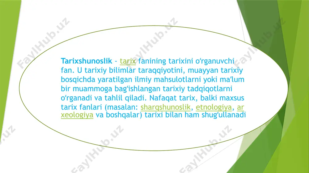 imgi xalqlardan qolgan yodgorliklar“ va „hindiston“, abu bakr narshaxiyning „tarixi buxoro“, sharafuddin ali yazdiyning „zafarnoma“, boburning „boburnoma“, muhammad yusufbek bayoniyning „tarixi xorazm“, „shajarai xorazmshohiy“, ahmad donishning „buxoro amirlarining tarjimai hollari“ va boshqalarda muayyan maʼlumotlarni umumlashtirishga, fakt va tarixiy jarayonlar bayonida tahliliy yondashuvga boʻlgan harakatlar kuzatiladi. oʻzbekistonda tarixshunoslik tarix fanining maxsus sohasi va alohida tadqiqot predmeti sifatida xx asrning ikkinchi yarmida shakllandi. oʻzbekiston fanlar akademiyasi tarix instituti tashkil topgach, bir qator tarixshunoslar, jumladan, v.ya. nepomnin, r.n.nabiyev, i.k. dodonov, l.m.landa, x.i.inoyatov, b.v.luninlar muayyan muammolarning tarixshunosligini tadqiq qilishga kirishdilar. 1968-yil tarix instituti qoshida „tarixshunoslik“ sektori, keyinroq boʻlim tashkil etilishi bu sohaning rivojiga katta hissa qoʻshdi (boʻlimni 1968—1988 yillarda tarix fanlari doktori b.v.lunin, 1988—1992 yillarda tarix fanlari nomzodi v.a.germanov boshqargan, 1992-yildan tarix fanlari doktori, professor d.a.alimova rahbarlik qilib kelmoqda oʻzbekistonda tarix fani va uning baʼzi sohalari rivoji dinamikasini yorituvchi asarlar [axunova m.a., lunin b. v., istoriya istoricheskoy nauki v uzbekistane, t., 1970; xx asrning …