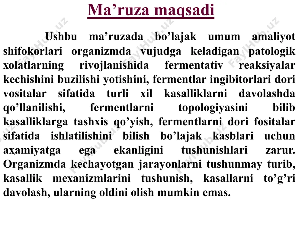 tilxolinesterazaga ta’siri (qaytmas ingibirlanish) prostaglandinsintetaza fermentini aspirin bilan qaytmas ingibirlanishi qaytar ingibirlanish turlari: raqobatli raqobatsiz raqobat qilmaydigan substrat allosterik raqobatli ingibirlash: s-substrat, i- ingibitor raqobatli ingibirlanish. raqobatli ingibirlanishda ingibitor fermentning substrat bilan bog’lanishi kerak bo’lgan funksional guruhlarini bog’laydi. ingibitor fermentning faol markazini yopib qo’ydi faol markaz raqobatli ingibirlanishda ingibitor substrat bilan shakli va o’lchamlari bilan o’hshash bo’ladi raqobatsiz ingibirlash raqobatsiz ingibirlashda ingibitor fermentning faol markaziga qarama-qarshi bo’lgan tarafidan birikadi. faol markaz kichik konsentratsiyadagi simob ionlari faol markazning sulfgidril guruhlarini yopib qo’yadi va fermentativ reaksiya tezligini pasaytiradi simob ionlarining ingibirlovchi ta’siri 14 rakobat qilmaydigan ingibirlanish e + s ↔ es → e + p; es + i → esi fermentlar faolligini boshqarilishi fermentlar faolligi 3 ta darajada boshqariladi: 1. hujayra ichi boshqarilishining mexanizmlari. fermentlar faolligi hujayra ichi omillari – substrat, metabolitlar (aktivator va ingibitir) ph, temperatura, boshqaruvchi fermentlar bilan boshqarish. 2. gormonlar orqali boshqarish: oqsil tabiatli gormonlar, vasalan insulin adenilatsiklaza orqali …