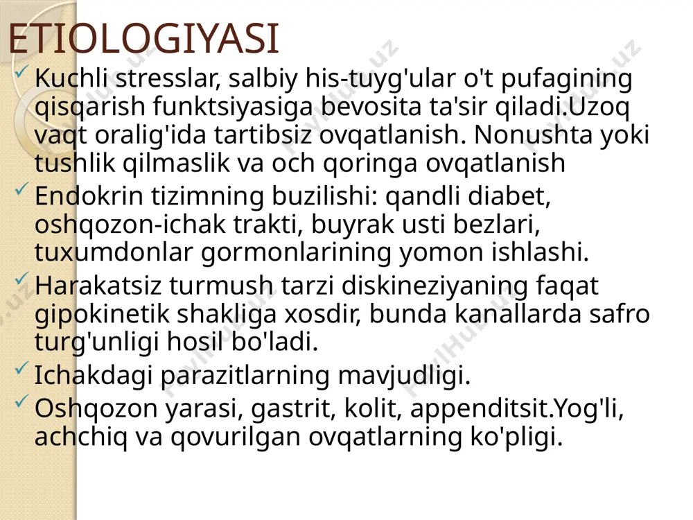 mburug’li qaynatma shorvalar, o’tkir souslar ovqat rasioniga kiritilmaydi. qiyin eriydigan yoglar: qo’y, cho’chqa, mol yo’ki g’oz moylarni iste'mol qilish mumkin emas. davolashning eng birinchi kunlaridan vegetativ nerv tizimi holatini korreksiyalash amalga oshiriladi. ochyd ning gipertonik va giperkinetik tipida sedativ dori vositalari: bromidlar, valeriana, arslonquyru? damlamasi tayinlanadi. ochyd ning gipotonik va gipokinetik tipida tetiklashtiruvchi dori vositalari: eleuterekok, levzey ekstrakti, odamgiyog, araliya, shizandra damlamasi ko’rsatilgan. ushbu patologiyada antibakterial terapiya qollanilmaydi. boshqa yo’ndosh kasallik tufayli kimyoterapiya tayinlanganda ushbu medikamentlarning o’t chiharuv tizimiga salbiy ta'sirini inobatga olish kerak. lyamblioz va boshqa gijja invaziyasi aniqlanganda gijjaga harshi terapiya zarurdir. o’t haydovchi dori vositalariga alohida rol beriladi. ta'sir mexanizmlariga kora ularni xoleretiklar (safro paydo bo’lishigani kuchaytiradi) va xolekinetiklar (o’t pufagidan safroning ichakka chiqishini ta'minlaydi) guruhiga ajratishadi. xoleretiklarga alloxol, xolenzim, xolesin, liobil va o’t kislotalari mavjud boshqa dori vositalari; nikodin, oksafenamid, sikvalon (sintetik dorilar); boznochi, joxori popugi, dastarbosh, na'matak, xolagol, olimetin (osimlik dorilari); valeriana dorilari, mineral suv …