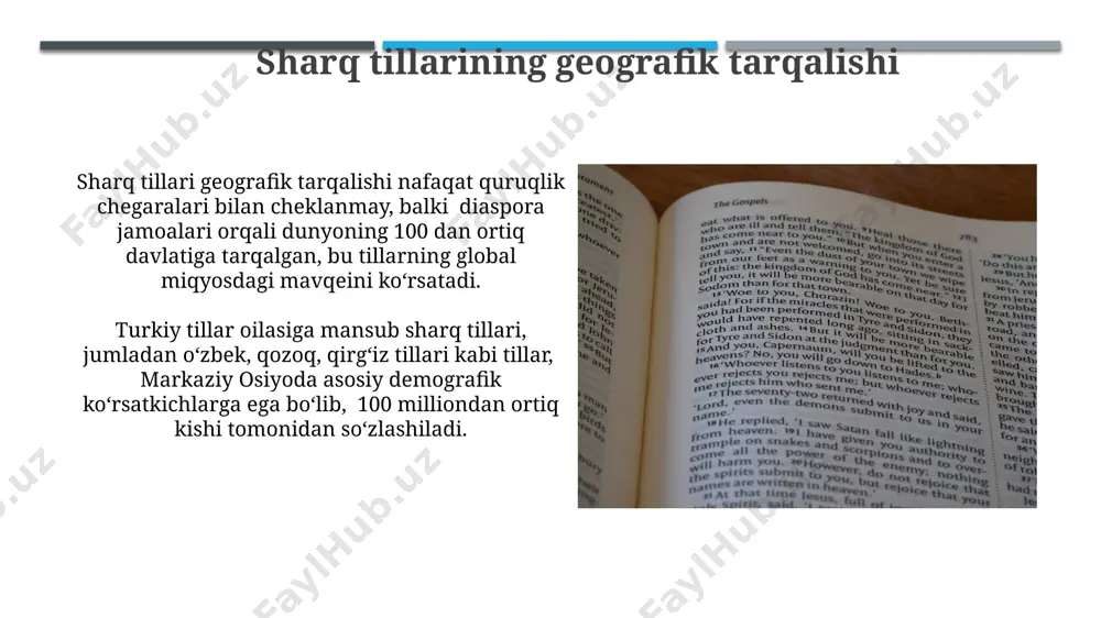 onetik tizimlari, masalan, arab, fors va urdu tillarida, taxminan 20-30 ta undosh tovush va 6-8 ta unli tovush mavjud bo'lib, bu esa ularning morfologik murakkabligini aks ettiradi. sharq tillari o'zaro o'xshashliklarga ega bo'lsada, leksik jihatdan 30% dan ortiq farqlanishi mumkin, bu esa turli xil til oilalariga mansub bo'lgan shevalar va lahjalarning mavjudligini ko'rsatadi. sharq tillarining lug‘aviy boyligi шарқ тилларининг луғавий бойлиги ўртача 50 000 дан 150 000 гача сўзни ўз ичига олади, бу эса диалектлар ва соҳавий лексикаларни ҳисобга олмагандаги кўрсаткичдир. шарқ тилларидаги кўплаб сўзларда полисемия ҳодисаси кузатилади, яъни битта сўз 2-3 ёки ундан ортиқ маънони ифодалайди, бу эса лексик маъноларни аниқлашни мураккаблаштиради. sharq tillarining fonetik xususiyatlari sharq tillarida urg'u tizimi, ko'pincha, so'zning birinchi bo'g'iniga tushadi, ammo istisnolar mavjud, bu esa so'zlarning fonetik tahlilida muhim omil hisoblanadi. sharq tillarining aksariyatida, taxminan 5-7 ta undosh tovush farqi mavjud bo'lib, bu esa ularning fonetik tuzilmasini soddalashtiradi va ayrim hollarda allofonlarning paydo bo'lishiga …