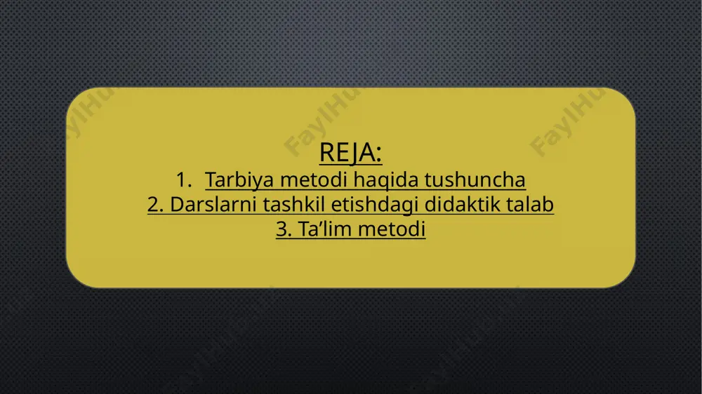 latlar inobatga olinishi lozim: - zamonaviy didaktikaning yetakchi g’oyalari, ta’lim, tarbiya va rivojlantirishning umumiy maqsadlari; reja: xulosa ta’lim tizimini qayta qurish hozirgi zamon bosqichida rivojlangan davlatlar darajasida o’zbekistonning ilg’or ilmiy texnik, iqtisiodiy, ijtimoiy va madaniy jihatdan rivoj topishini ta’minlashga loyiq yuksak ma’naviy-madaniy va axloqiy sifatlarga ega chuqur bilimli, iqtidorli, talabchan va tashkilotchi, raqobatbardosh kadrlarni tayyorlashni talab etadi. shu bois respublikamizda ta’lim tizimida qator islohotlar olib borilmoqda. e’tiboringiz uchun rahmat image2.jpeg image3.jpeg /docprops/thumbnail.jpeg