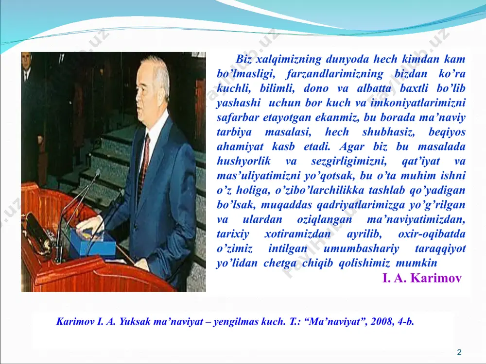 iyatga oid fan (predmet)lararo bog‘liqlik 3.2. oliy o’quv yurtlarining mutaxassislik yo’nalishlarida o‘qitiladigan ma’naviyatga oid predmetlararo bog‘liqlik xulosa foydalanilgan adabiyotlar ro‘yxati * * birinchidan, “ma’naviyat” tushunchasining kelib chiqishi va shakllanish tarixi hali to’liq tarzda o’rganilmagan. turli tadqiqotchilar tomonidan taklif qilinayotgan turlicha yondashuvlar biri ikkinchisini inkor etib, o’zaro bir-biriga mos kelmaydigan fikrlar mavjudligi fanda ba’zi bir chalkashliklar yuzaga chiqishiga sabab bo’lmoqda; ikkinchidan, mustaqillikka erishganimizdan so’ng jamiyat ma’naviy hayotini o’rganishga keng yo’l ochib berildi va imkoniyatlar yaratildi. ta’limning barcha bosqichlarida ma’naviyat va milliy g’oyani o’rganishga bag’ishlangan alohida predmetlar kiritildi. har bir o’quv predmeti alohida fan sifatida shakllanishi va rivojlanishi uchun vaqt va tinimsiz izlanishlar talab etadi. ma’naviyatshunoslik yangi, endilikda o’rganilib kelinayotgan soha bo’lganligi bois ma’naviyatni o’rganishning metodologiyasi to’liq va mukammal tarzda tizimlashtirilmagan; dolzarblik darajasi dissertatsiya mavzusining asoslanishi va uning dolzarbligi * uchinchidan, yuqoridagi sabablarga ko’ra, ma’naviyatshunoslik doirasidagi fanlarning o’quv rejalari, dasturlari va darsliklarida ba’zi bir ziddiyatlarlar ko’zga tashlanadi; to’rtinchidan, uzlksiz ta’lim tizimida ma’naviyatga …