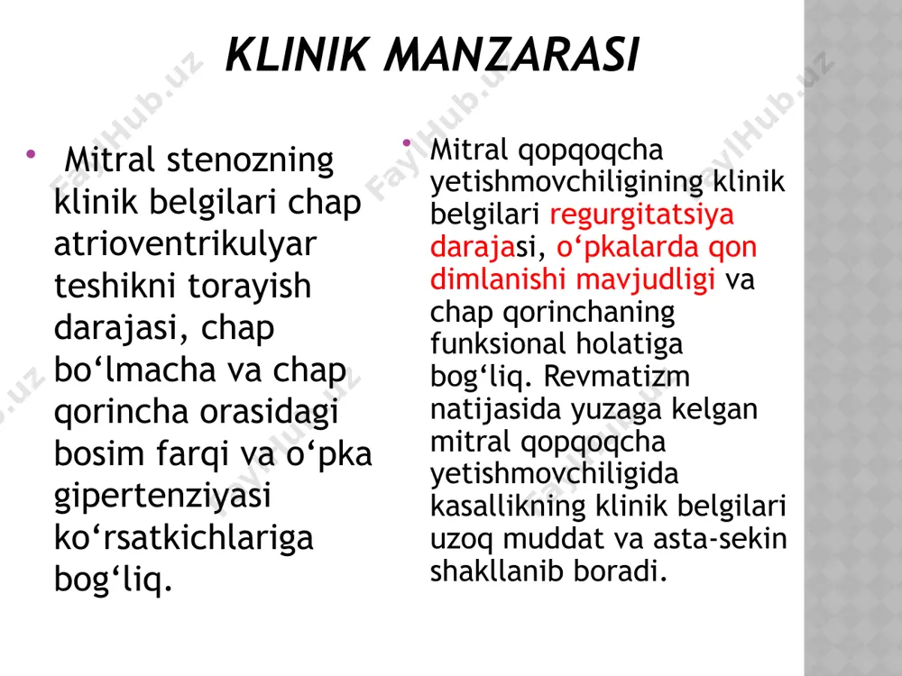 a qopqoqchalari yetishmovchiligi. ob’yektiv ko‘rish uyqu (“karotid raqsi”) hamda yuza joylashgan barcha yirik arteriyalarda (yelka, bilak, chakka, son, oyoq panjasi) pulsatsiyani kuchayishi; de myussye simptomi – yurak urish sikliga (sistola, diastola) mos ravishda boshni oldinga va orqaga muntazam harakatlanishi; kvinke simptomi (“kapillyar puls”, aniqrog‘i – “prekapillyar puls”) – tirnoq uchiga kuch bilan bosib turilganda, uning asosini navbatma-navbat qizarishi (sistola) va oqarishi (diastola). sog‘lom odamda barmoq uchi bosilganda sistola hamda diastola vaqtida tirnoq rangi oqarganligicha o‘zgarmay qoladi. landolfi simptomi – qorachiqlarni torayish va kengayish ko‘rinishidagi pulsatsiyasi; myuller simptomi – yumshoq tanglay pulsatsiyasi paypaslashda paypaslash vaqtida chap o‘rta o‘mrov chizig‘idan tashqarida v-vi qovurg‘alararo sohada joylashgan va kuchaygan cho‘qqi turtkisi aniqlanadi. chap qorinchaning keskin dilyatatsiyasi hisobiga yurakni nisbiy bo‘g‘iqlik chegarasi keskin chapga siljiydi va “beli” yaqqol ajralib “aortal shakl” ko‘rinishiga ega bo‘ladi. past to‘lqinli tebranishlar yuzaga keladi va yurak asosi paypaslanganda sistolik titrash aniqlanadi. yurak sohasi ko‘rigi va uni paypaslashda cho‘qqi turtkisi chap …