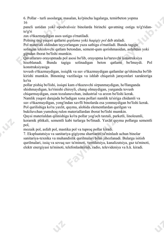 i konstruktiv elementlar (balkonlar, lodjiya va erkerlar) sifatida loyihalanadi. ular quyidagilardan iborat: 1. balkonlar - yuk ko'taruvchi temirbeton plita, pol va o'rovchi elementlardan iborat bo'lib, u bir tomoni bilan devorga ilintiriladi va devor ichida qoldirilgan ankerlarga hamda qavatlararo yopma panellariga payvandlanadi. 2. lodjiyalar - binoning old tomoniga joylashgan bir tomoni ochiq, uch tomoni esa yuk ko'taruvchi devor bilan o'ralgan konstruktiv elementdan iborat. lodjiyalar xonani quyoshdan saqlash uchungina o'rnatilgan bo'lib, ular faqat janubiy rayonlarda quriladigan binolarda uchraydi. 3. erkerlar deb, xonaning, binoning old qismidan tashqariga bo'rtib chiqqan, tashqi devor bilan o'ralgan, bir va bir necha derazali ma'lum bir bo'lagiga aytiladi. erkerlarni birinchi qavatdan boshlab o'rnatish ko'p qavatli binolar uchun ko'proq ahamiyatga ega. bu holda erkerni o'rab turuvchi devorlarga alohida poydevor quriladi. erkerlar xonani yoritilganlik darajasini va quyosh tushishini oshirganligi uchun ular ko'proq shimoliy rayonlarda hamda mo'tadil iqlimli joylarda quriladi. 4. eshiklar - xonalarni bir-biri bilan bog'laydi, shuningdek, xonaga kirish va undan …