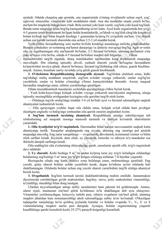 datni tartibga solishni, oilada sog'lom farzandlarni tarbiyalash uchun ijtimoiy-iqtisodiy imkoniyatlarning mavjudligini hisobga olishni ifodalaydi. moddiy jihatdan qiyin sharoitda yashayotgan oilalarda bolalar sonini ko'paytirish ota-onalar uchun ham, farzandlar uchun ham mushkul holatni keltirib chiqaradi. tug'ilish nihoyatda kam, aholining aksariyat qismi asta-sekin qariyotgan boshqa mamlakatlarda esa mehnat qobili-yatiga ega bo'lganlar kamayib, millat va xalqning yo'qolib ketish xavfi paydo bo'lmoqda. demografik holatni muvofiqlashtirishning afzalligi shundaki, u er-xotingji oilaning moddiy imkoniyatidan kelib chiqib bola tug'iladigan vaqtni aniqlashga, ayol homilador bo'lguncha zarur tanaffusni saqlashga ko'maklashadi. tadqiqotlar natijalariga ko'ra bolalar o'limi juda yuqon bo'lgan mamlakatlarda ayollar turmushga chiqmasdan oldin hech qanday tibbiy nazoratdan o'tmaganlar, yoshligida qanday ekstrogenital kasalliklar bilan og'rigani haqida ma'lumot ham yo'q. rivojlangan 40 mamlakatda o'tkazilgan tadqiqotlar shuni ko'rsatadiki, 20-29 yoshida tuqqan ayollarga nisbatan 20 yoshgacha tuqqan ayollarda bolalar o'limi 30% ni 40 yoshdan so'ng tuqqan ayollarda bolalar o'limi 47% ni tashkil etgan. masalan, koreyada 20 yoshgacha tuqqan ayollar 10%ni tashkil etsa, bangladeshda 85% …
