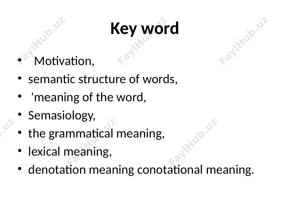 case, number etc. ex. the words «asked», «thought», «talked», «took, ran» have the grammatical meaning of tense. the grammatical meaning unites words into big groups such as parts of speech. the lexical meaning is the material meaning of a word. this is a meaning which gives the concept of a word. by the lexical meaning the word expresses the basic properties of the thing the word denotes. types of lexical meaning the lexical meaning of a word falls into two: i) the denotational meaning, 2) the соanotation meaning. denotational meaning makes communication possible because words denote things, concepts, they name them. ex. the denotational meaning of the word «table» is pieces of furniture consisting of a flat top with four supports (called legs). the connotational meaning is a meaning which has a stylistic shade. it serves to express all sorts of emotions, expressiveness. connotation may the shortly defined as emotional …