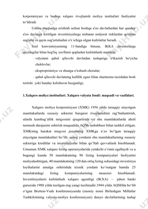 arini moliyalashtirish; · ilmiy tadqiqotlarni moliyalashtirish; · xayriya faoliyatini olib boorish xususiyat tavsif rasmiy nomi international monetary fund (imf) tashkil etilgan 1944-yil 22-iyul, bretton woods konferensiyasi doirasida aʼzo mamlakatlar soni 191 ta (190 bmt aʼzosi + kosovo) markazi vashington, d.c., aqsh rahbariyat bosh direktor: kristalina georgieva, bosh iqtisodchi: pierre-olivier gourinchas byudjet (2023) taxminan 1,295 million usd asosiy vazifalari global moliyaviy barqarorlikni ta’minlash, savdoni rag‘batlantirish, o‘sish va kambag‘allikni kamaytirish moliyalashtirish manbalari a’zolar kvotalari (ularga ko‘ra ovoz berish ham belgilanadi), qo‘shimcha mablag‘lar, sdrlar, oltin zaxiralari sdr (special drawing rights) 1969-yildan boshlab, usd, eur, cny, jpy, gbp turgan sdr ichiga oladi; hozirda ~456.5 mld xdr (2021) asosiy xizmat turlari surveylash ( iqtisodiy kuzatuv ), texnik yordam, qarz berish (sba, eff, prgf va boshqalar) tanqidlari shartlarga bog‘liqlik (struktura islohotlari), suverenitetni cheklash, “moral hazard” riski xalqaro valyuta fondi: maqsadi va vazifalari xalqaro valyuta jamg‘armasi 1944 yili qaror qabul kilingan bo’lsa, 1945 yilda esa tashkil topgan …