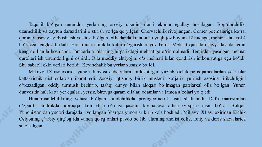 g asosiy ramzi ozod kishi mavqeyi edi. yunon fuqarolik mavqeyini fuqaro ota-onadan tug‘ilishi bilan olar edi. fuqarolik huquqini boshqa polisdan kelganlarga sovg‘a qilish­ga faqat polisning xalq yig‘ini haqli edi. oligarxiya hukmron bo‘lgan polislarda fuqarolik mavqeyiga ega bo‘lish uchun fuqaro mulkiy senz, yerga egalik, og‘ir qurol-aslahasi mavjudligi shart­larini bajarishi lozim edi. polisning iqtisodiy asosini qishloq xo‘jaligi, yerga fuqaroning erkin mehnat qilishi tashkil etar edi. yerga egalik, dehqonchilik uzoq vaqt polis fuqarosining imtiyozi bo‘lib qoldi. polis fuqarosidan boshqa hech kim uning hududida yerga egalik qilish huquqiga ega emas edi. polis fuqarolar jamoasiga tegishli jamoa yerlariga egalik qila olmas edi. har bir fuqaroning eng muhim huquqi va bir vaqtning o‘zi­da majburiyati, bu uning o‘z polisining himoyasida shaxsan ishtirok etishi edi. uncha katta bo‘lmagan yunon polislari muntazam qo‘shin saqlash qobiliyatiga ega emas edilar. shu sababli, uning himoyasi erkaklar zimmasida edi. qo‘shinning asosini tashkil qilgan og‘ir qurollangan falangani o‘rta hol fuqa­ro-dehqonlar tashkil etar edi. yunon …