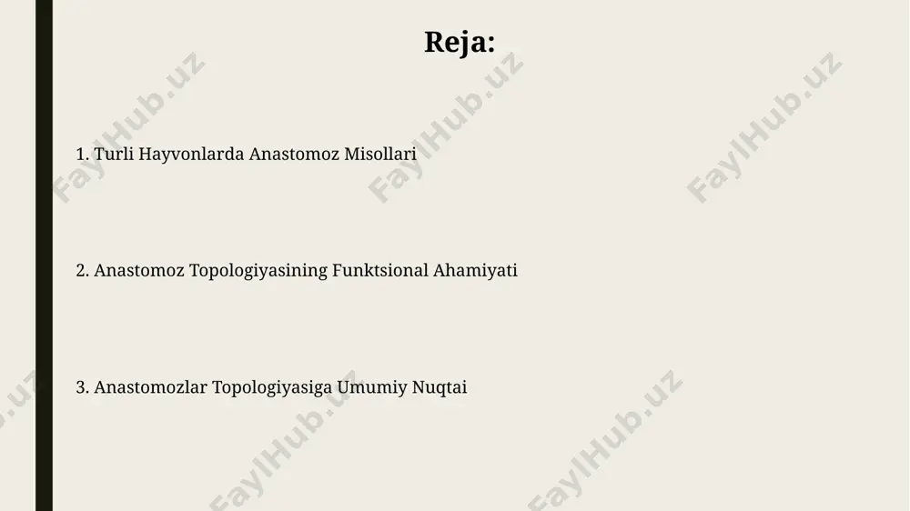 ar, masalan, afrika fillari va qutb ayiqlari uchun hayot uchun muhimdir; anastomozlar ularning termoregulyatsiyasiga yordam beradi. qushlarda anastomoz topologiyasi katta qushlarda, masalan, burgutlarda, 15 mm dan katta diametrli anastomozlar, qanotning uch qismida, har bir qismida 5-7 ta joylashgan holda uchraydi; bu esa uchish vaqtidagi qon oqimini samarali ta'minlaydi. tovuqlarning ichak devorlaridagi kapillyar anastomozlarining zichligi 1 mm² ga 300 dan ortiq bo'lib, ovqat hazm qilish jarayonining tezligini va samaradorligini oshiradi, bu esa toshkent viloyatidagi fermer xo'jaliklarida o'rganilgan. sut emizuvchilarda anastomozlar fil suyagi sohilidagi maymunlarda o‘rganilgan periferik tomirlarning anastomoz topologiyasi, 8-12 ta asosiy tomirlarning ulanishini ko‘rsatib, harakatlanish va issiqlik regulyatsiyasi uchun muhim ahamiyatga ega ekanligini aniqladi. sut emizuvchilarda, masalan, inson yuragining koronar arteriyalarida 2 dan ortiq anastomozlar mavjud bo‘lib, ularning topologiyasi qon oqimining 30% dan ortig‘ini ta'minlaydi va yurak xujayralarini kislorod bilan ta'minlashda muhim rol o‘ynaydi. qon aylanish sistemasi anastomozlari qon aylanish sistemasining arterial anastomozlari, masalan, inson qo'lida 2-3 ta, oyog'ida esa …