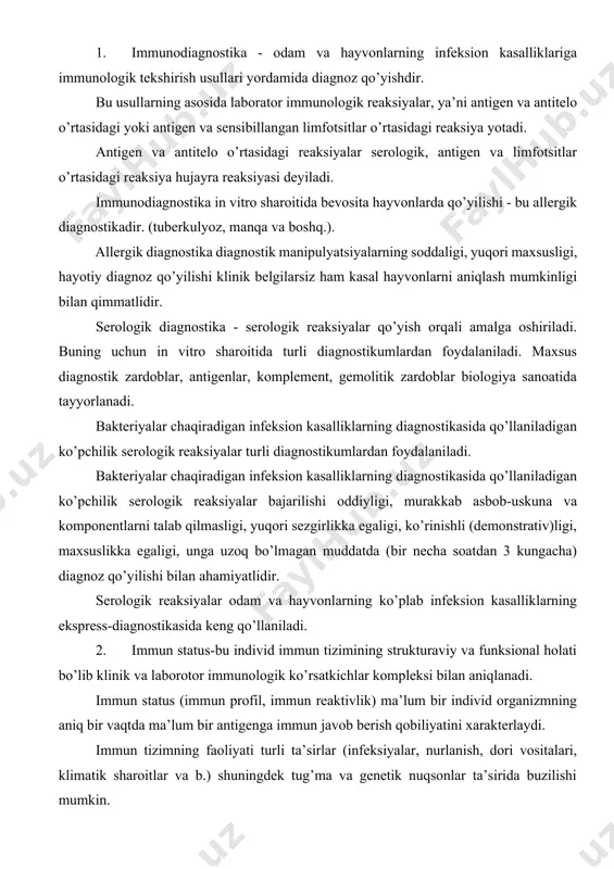logik ko’rsatkichlar kompleksi bilan aniqlanadi. immun status (immun profil, immun reaktivlik) ma’lum bir individ organizmning aniq bir vaqtda ma’lum bir antigenga immun javob berish qobiliyatini xarakterlaydi. immun tizimning faoliyati turli ta’sirlar (infeksiyalar, nurlanish, dori vositalari, klimatik sharoitlar va b.) shuningdek tug’ma va genetik nuqsonlar ta’sirida buzilishi mumkin. immun statusning buzilishi, immun tizimning to’liq faoliyat ko’rsatmasligi immuntanqisliklar deb ataladi. immuntanqisliklar tug’ma va orttirilgan bo’lishi mumkin. tug’ma immuntanqisliklar juda kam uchraydi. ularning sababi xromosomalarning ikki karra ko’payishi, mutatsiyalar, nuklein kislotalar almashinuvining buzilishi, genomlarning zararlanishi va b. bo’lishi mumkin. orttirilgan immun tanqislik infeksion va invazion kasalliklarni o’tkazgach, og’ir jarohatlanishlar, nurlanishlar, keng qamrovli xirurgik operatsiyalar, hayvonlarni saqlash va oziqlantirish sharoitlarining buzilishi, antibiotiklarni, infeksion kasalliklarga qarshi maxsus zardoblarni noratsional qo’llanilishi va boshqalar natijasida yuzaga kelishi mumkin. immun statusni baholash-umumiy klinik tekshirishlar va ko’p sonli laborotoriya testlari asosida amalga oshirilib, bu testlar murakkab bo’lib qimmat reagentlar, laboratoriya uskunalari, yuqori malakali mutaxassislar talab qilinadi. shu boisdan akademik …