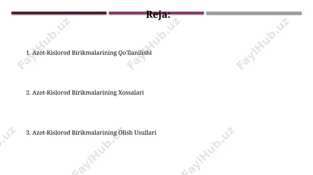o₅) n₂o₅ ning o'rtacha mol massasi 108,01 g/mol ni tashkil etadi va u rangsiz, kristall modda bo'lib, -10°s da sublimatsiya qiladi, ya'ni qattiq holatdan to'g'ridan-to'g'ri gaz holatiga o'tadi. n₂o₅ ning temperaturaga bog'liq holda turli xil polimorf shakllarini hosil qilishi mumkinligi 19-asr oxiri va 20-asr boshlarida evropa olimlari tomonidan aniqlangan va keng miqyosda o'rganilgan. azot oksidlarining ekologik ahamiyati avtomobillar va sanoat korxonalaridan chiqadigan azot oksidlari (nox) kislotali yomg'irlarning asosiy sababchilaridan biri hisoblanadi, bu esa o'zbekistonning namli mintaqalaridagi o'simliklar va tuproqlarning kislotalanganligiga olib keladi. nitratlar (no₃⁻)ning suv havzalariga tushishi, ayniqsa, amudaryo va sirdaryo havzalarida, suvning eutrofikatsiyasiga va suv hayotining kamayishiga olib kelishi mumkin, bu esa 1000 dan ortiq baliq turlarining xavf ostida qolishiga sabab bo'ladi. azot (i) oksidi (n₂o) n₂o ning avtomobil dvigatellarida yonuvchan modda sifatida ishlatilishi mumkinligi bo'yicha tadqiqotlar olib borilmoqda, biroq uning yuqori reaktivligi tufayli, masalan, 2000°s dan yuqori haroratlarda parchalanishi tufayli, xavfsizlik masalalari muhim ahamiyat kasb etadi. azot(i) oksidi …