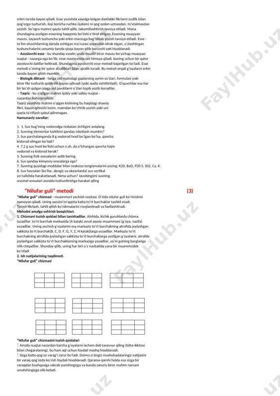 nchi tarqatmadagi masalani yechish jarayonida “assistentlar” soni yana koʻpayadi. 2-qadam:assistentlar va oʻqituvchi uchinchi masalani yechishga qiynalayotgan 3-qadam: bu harakat darsning oxirigacha davom ettirilishi mumkin. natijada barcha oʻquvchilar mavzuni toʻliq tushunib, oʻzlashtiradilar. “har kim – har kimga oʻrgatadi” metodi. dars jarayonida barcha oʻquvchilarni qamrab oladi. mavzuni oʻz tengdoshlari yordamida oʻzlashtirilishiga imkoniyat yaratadi. assistentlarning esa “masala yechish yoʻllarini tengdoshiga tushuntirar ekan” egallagan bilimlar yanada mustahkamlanadi. eng muhimi masalalar yechish ancha murakkab boʻlsada, doʻstona, oʻzaro yordam muhitida osonroq oʻzlashtiriladi. ushbu texnologiyadan koʻzlangan maqsad ham shu. “esse” metodi (2) yozuv malakalarini rivojlantiruvchi interfaol usullar. bunday usullar ham inson fikrlash qobiliyatini rivojlantirishda muhim rol oʻynaydi. ular norasmiy fikr va qiyofalarni qayd qilish, har tomonlama koʻrib chiqilmaguncha saqlab turish va ularni yanada aniqroq ifodalash imkonini beradi. bunday usullardan foydalanish yaxshi imikoniyatlar beradi. yozma nutqni rivojlantirishning quyidagi usullariga toʻxtalamiz: esse – fransuzcha “essai” soʻzidan olingan boʻlib, “sinov, analiz, tajriba, dastlabki loyixa” ma’nolarini bildiradi. esse - shaxsning biror …