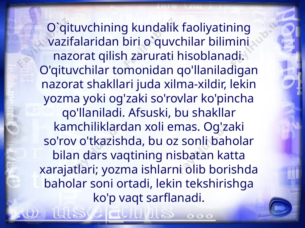 hingiz mumkin. dastur boy matnni formatlash imkoniyatlariga ega. dastur boy matnni formatlash imkoniyatlariga ega. har bir vazifa uchun siz: - qiyinchilikni belgilang, - maslahat qo'shing -xatoni tushuntirishni tashkil qilish mytest-da har qanday baholash tizimidan foydalanishingiz mumkin. dastur bir nechta mustaqil rejimlarni qo'llab-quvvatlaydi trening rejimida sinovdan o'tuvchiga uning xatolari haqida xabarlar ko'rsatiladi va topshiriqning tushuntirishi ko'rsatilishi mumkin. penalti rejimida noto‘g‘ri javoblar uchun test topshiruvchidan ballar yechib olinadi va topshiriqlarni o‘tkazib yuborish mumkin (ballar qo‘shilmaydi yoki ayirilmaydi). erkin rejimda test topshiruvchi savollarga istalgan tartibda javob berishi va mustaqil ravishda istalgan savolga o‘tishi (qaytishi) mumkin. eksklyuziv rejimda dastur oynasi butun ekranni egallaydi va uni minimallashtirish mumkin emas. dastur bir nechta mustaqil rejimlarni qo'llab-quvvatlaydi har bir testda optimal sinov vaqti bor, lekin agar kerak bo'lsa, uni o'zgartirish mumkin. 1-2 daqiqada siz testning "qog'oz" versiyasini yaratishingiz mumkin mytestx ham test topshiriqlari, ham natijalar uchun yaxshi himoya darajasiga ega. test uchun bir nechta turli xil parollar …