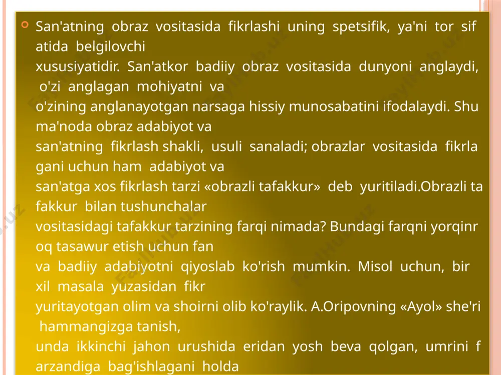 umiy, xarakterli tomonlar aks etishi aytilgan edi. alohidalik bilan umumiylik orasidagi bunday aloqadorlik badiiy obrazning jonliligini, bir butunligini ta’minlaydi, rr.a’rifiy ahamiyatni belgilaydi va yozuvchi ko‘zda tutgan hayot haqiqatining mohiyati ochilishiga imkon beradi. hayot haqiqati mohiyatini ochish esa adabiyot oldida turgan tarixiy maqsad va vazifalami amalga oshirishning zarurshartidir. mashhur adabiyotshunos del.qayumov “tipiklik-bosh mezon”gan asarida aytishicha, tipiklik ijodning asosiy qonuniyatlaridan biridir. faqat hodisalar, xarakterlar, vaziyatlaming mohiyatini ochish yo‘li bilangina ijtimoiy hayot yoki uning taraqqiyotidagi muayyan bosqich haqida to‘g‘ri tasaw ur hosil qilish mumkin. adabiyotning bosh tasvir mavzusi - inson, yozuvchi-0 larning diqqat markazida inson xarakteri, ijtimoiy tiplar turadi. adabiyot o‘zining muqaddas burchini xarakter va tiplarni badiiy ko'rsatish yo'li bilan ado etadi. agar yozuvchilar kashf etgan inson xarakterida million-million kishilarga xos xususiyatlar o‘z ifodasini topmaganida, bu xarakterlar kitobxonlami hayajonlantirolmagan, bir-birlarini va o‘zlarini tushunishlariga yordam- lasholmagan bo‘laredi. shu bilan birga. biz adabiyotdatipik, umumiy, mushtarakbelgilar har doim o‘ziga xoslikda, alohidalikda yuzaga chiqishini, faqat shundagina jonli …