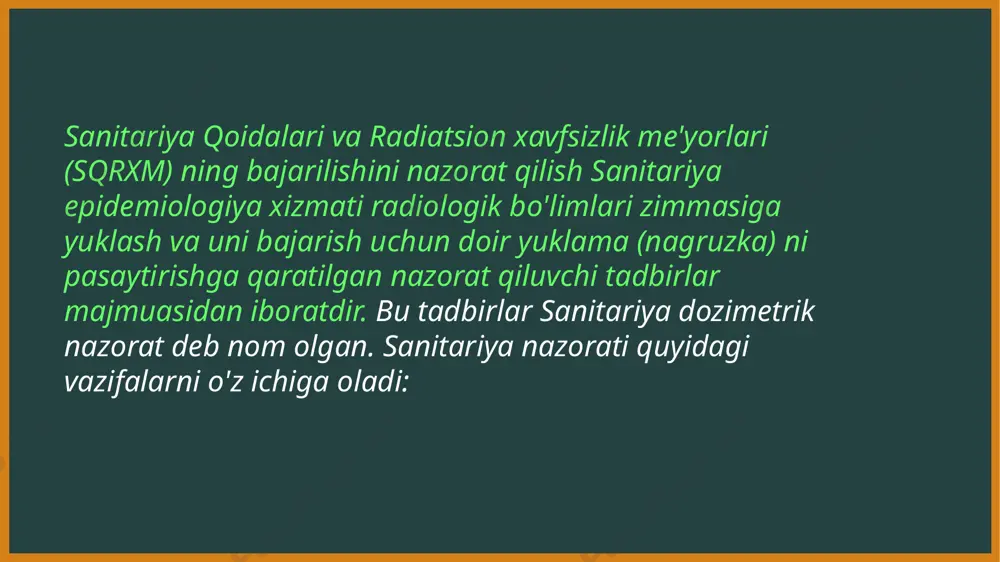 uzatiladi. odam organizmining asosiy qismini suv tashkil etganligi uchun, birinchi navbatda xujayradagi suvlar nurlarni o'ziga biriktirib oladi, oqibatda suv molekulasi ionlashib kimyoviy nuqtai-nazardan yuqori aktivlikka ega boʻlgan on va n turkumidagi ozod radikallarni hosil qiladi. keyinchalik esa bu birikmalar zanjirli katalitik reaksiyalarga kirishadi (bu radikallar asosan hujayra oqsillarini oksidlaydi). bu esa suvning radiolizlanish mahsulotlari orqali qiyosiy (bilvosita) ta'siri demakdir. ionlantiruvchi nurlarning bevosita ta'siri oqsil molekulalarini parchalanishini yuzaga keltirib, juda ham mustahkam bo'lmagan oqsil bog'larini uzib yuborishi, oqsil radikallarini uzilib chiqishi va boshqa denaturatsion o'zgarishlarni keltirib chiqarishi mumkin. dvgi-8d individual dozimetrlari to'plami gamma va rentgen nurlanishining individual doza ekvivalenti hp (10) ni o'lchash. lonlantiruvchi nurlanishlarning ta'siridan yuzaga keladigan shikastlanish va uning samarasi eng avval nurlarning dozasiga va bu nurlarning organizmga ta'sir etish samarasi yiliga 0,5 3v (50 ber yil) va undan ortiq dozada ta'siri surunkali ravishda kuzatiladigan bo'lsa u holda ionlantiruvchi nurlarning surunkali ta'sirida har qanday dozada bo'lsa ham ularning stoxastik …