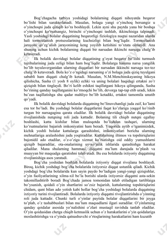 ash, rejalarni tuzish “ertangi kun” ni, kelajakni anglamay turib bo’lishi mumkin emas. kelgusi zamon haqidagi elementar tushunchalarning shakllanishi hayotning uchinchi yiliga, ya’ni “qilaman”, keyinchalik esa yanada aniqroq bo’lgan “keyin”, “ertaga”, “sal turib” kabi so’zlarning paydo bo’lish davriga to’g’ri keladi. psixologlar boladagi vaqt va fazoni idrok qilishdagi umumiylikni e’tirof qiladilar. maxsus tadqiqotlar tushunchalardagi umumiylik bolaning dunyoni yagona vaqtli-fazoviy kompleksda aks ettira olish qobiliyatiga ega ekanligidandir, degan fikrga asos bo’la oladi. rus psixologlari badiiy idrokning rivojlanishini shaxs rivojlanishining natijasi sifatida ko’rishadi. u insonga tug’ma ravishda berilmaydi. bola san’at asarini aynan shu tarzda darhol idrok qila olmaydi; rivojlanishning dastlabki pog’onalarida bola uchun unga nisbatan harakatli, utilitar munosabat xos (rasmdagi tasvirni bolalar ushlab, paypaslab ko’radilar, uni ushlab ko’radilar va h.). biroq badiiy idrokning ilk kurtaklari bog’cha yosh davrida namoyon bo’la boshlaydi. ta’lim va tarbiya insonga xos bo’lgan ushbu qobiliyatlarning rivojlanishida hal qiluvchi rol o’ynaydi. frantsuz psixologi a.bine va nemis psixologi v.shtern bolalar tomonidan rasmlarni …