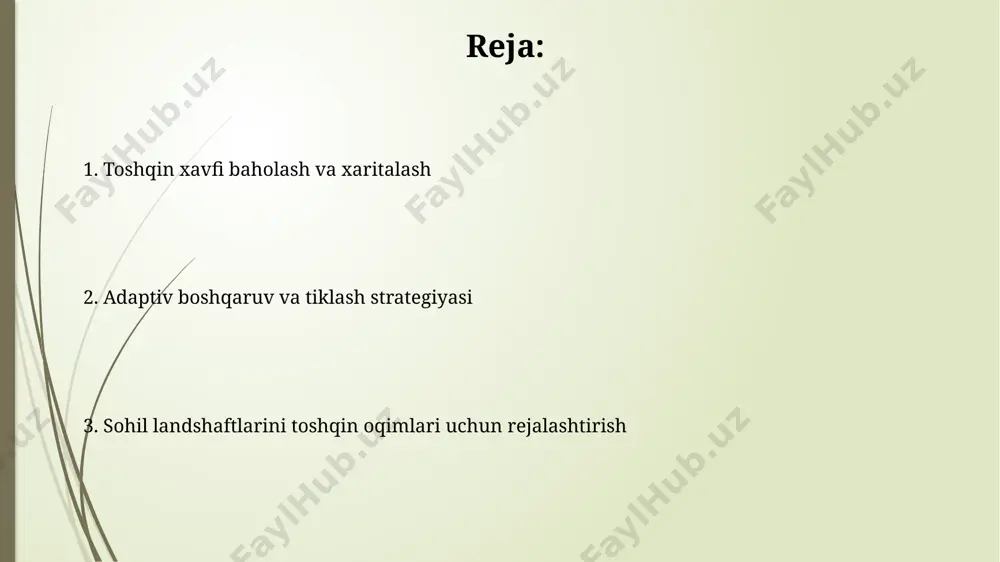 anlarini kengaytirish va chuqurlashtirish, shuningdek, 10 km radiusdagi qirgʻoq hududlarida 30% ga koʻproq yashil maydonlarni yaratish toshkent shahri atrofidagi suv toshqinlarining oldini olishga yordam beradi. jamoatchilik ishtiroki va ta'lim andijon viloyatida 10 ta qishloqda 300 ga yaqin fermer xoʻjaligi vakillari bilan oʻtkazilgan tadbirlar natijasida daryo boʻylarida 15 gektar maydonda daraxt ekish loyihasi amalga oshirildi, bu esa suv toshqini ta'sirini 10% ga kamaytirdi. qirgʻizistonning oʻsh viloyati kabi suv toshqini xavfi yuqori boʻlgan hududlarda 500 dan ortiq mahalliy aholi ishtirokida oʻtkazilgan seminarlar natijasida 20% ga yaqin suv toshqini xavfini kamaytirish boʻyicha yangi chora-tadbirlar ishlab chiqildi. qishloq xo'jaligi va boshqa erlarni boshqarish strategiyasi toshkent viloyatida joylashgan 15 ta qishloq xo'jaligi kooperativining 70% dan ortig'i suv toshqini xavfidan himoya qilish uchun sug'orish kanallarini rekonstruktsiya qilish va 2-3 metr balandlikdagi himoya devorlarini qurishni rejalashtirmoqda. surxondaryo viloyatining daryo bo'ylaridagi 20% qishloq xo'jalik yerlarida suv toshqini xavfini kamaytirish uchun 30% gacha bo'lgan suv o'tkazuvchanlik koeffitsientiga ega bo'lgan …