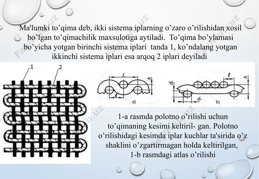 ish zonasiga ma'lum taranglikda uzatuvchi - tanda tormozlari yoki tanda rostlagichlari. to'quv jarayonidagi to'qimalarda nuqsonlar bo'lmasligini nazorat qiluvchi avtomatik moslamalar: 1. tanda kuzatuvchi - to'quv dastgohida yakka tanda ipi uzilganda, avtomatik ravishda to'xtatib, to'qimada «tanda etishmaslik» nuqsonini bo'lishini oldini oladi. 2. arqoq nazoratchilar - to'quv dastgohida arqoq ipi uzilganda to'xtatib, to'qimada «arqoq etishmaslik» nuqsonini bo'lishiga yo'l qo'ymaydi. 3. moki yoki arqoq tashlagichlar homuzada to'xtab qolsa dastgohni to'xtatuvchi qurilmalar. to'quv dastgohining hamma mexanizm va qismlari elektr yuritmadan harakatga keladi. dastgoh to'quv jarayonini to'g'ri boshlash uchun, u ishlay boshlaganda, bosh vali tez harakatga keladi. buning uchun, harakat elektromotordan dastgoh bosh vali tez harakatga kelishi lozim. shu maqsadda harakat elektromotordan dastgoh bosh valiga maxsus friktsion uzatmalar yordamida beriladi. to'quv dastgohi to'xtaganda uning bosh vali tez va ma'lum holatda to'xtashi zarur, buni ta'minlash uchun dastgoh bosh valiga maxsus tormozlar o'rnatilgan bo'ladi. avtomatik ravishda yoki to'quvchi dastgohni to'xtatishi yoki harakatga keltirish uchun (dastgoh) qo'yuvchi - …