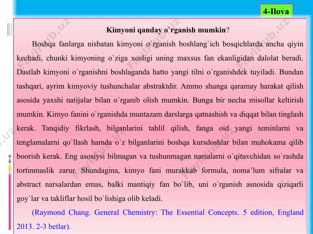 lsa suyuq holatga o`tadi. yana davom ettirilsa qaynash haroratiga etgach bug`lana boshlaydi. boshqa tomondan, gazlar sovutilsa, gazlarning kondensatlanishi natijasida suyuqlansa, suyuq moddalar yetarli sovutilsa muzlab qattiq holga o`tadi (raymond chang. general chemistry: the essential concepts. 5 edition, england 2013. 4-7 betlar.) moddalarning klassifikatsiyalanishi 7 7-ilova 1-rasm. moddaning 3 agregat holati (suv misolida). muz-qattiq holat, suyuq va suv bug`i-ya’ni gaz holati. [1] raymond chang. general chemistry: the essential concepts. 5 edition, england 2013. 4-5 betlar 8 8-ilova 9 10 9-ilova moddalarda bo`ladigan fizik-kimyoviy o`zgarishlar moddalar nafaqat tarkibi va xossalri bilan ham bir-biridan farqlanadi. rangi, suyuqlanish va qaynash harorati, zichligi ya’ni, fizikaviy xossalari bilan ham. moddalarning fizik xossalari tarkibi o`zgarmasdan turib o`zgarishi mumkin. masalan, bir bo`lak muzni olib, uni suyuqlanish haroratigacha qizdirilsa sekinlik bilan suyuq holatga o`tishini kuzatish mumkin. suv faqatgina agregat holati bilangina muzdan farq qiladi, bunda tarkibda o`zgarish bo`lmayd, chunki suyuq holdagi suvni bemalol qayta muzlatilsa yana muzga aylanishini kuzatish …