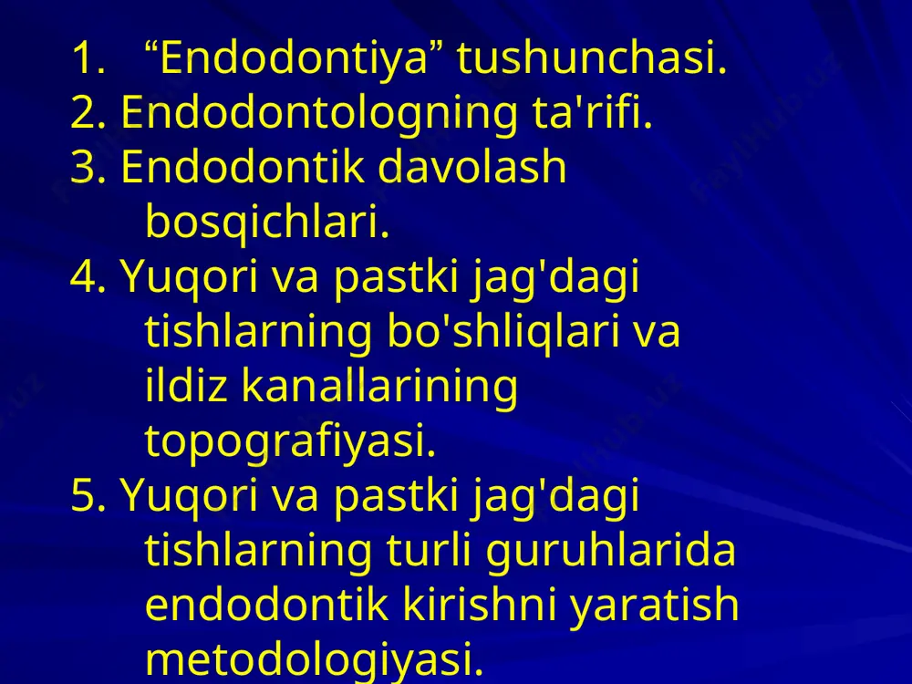 atermokoagulyatsiyasi. kimyoviy devitalizatsiya uchun preparatlar: 1. mishyak angidrit asosidagi preparatlar – rp.: ac. arsenicosi anhydrici 0,3 dicaini __ thymoli aa 0,5 m.f. pasta. d.s. pulpa nekrozi uchun pasta – causti nerv rapide, arsenical (septodont) kimyoviy devitalizatsiya uchun preparatlar: 2. paraformaldegid (trioksimetilen) asosli preparatlar – rp.: paraformaldehidi 1,0 dikaini 2,0 kamporofenol q.s. m.f. pasta d.s. pulpa nekrozlanishiga qarshi pasta - caustinerv forte (septodont) devitalizatsiya (diatermokoagulyatsiya) - yuqori chastotali o'zgaruvchan tok (1 - 2 mgts), past kuchlanish (150-200 v), yuqori quvvat (2a) va zichligi 6-10 ma / mm2 dan foydalanish uskunalar: dks-2m, es-30 apparatlar diatermokoagulyatsiya terapevtik ta'siri: qon ketishini to’xtatadi, to'qimalarning parchalanishi mahsulotlarini so'rilishini va mikroorganizmlarning qon tomirlariga kirishini oldini oladi, operatsiyadan keyingi og'riqni kamaytiradi. qo’llaniladi : pulpit, periodontit (granulyatsiya bilan kechuvchi turida) qo'llash mumkin bo'lmagan holatlar: yurak-qon tomir tizimining yetishmovchiligi, organizmning tokka kuchli sezuvchnligida, bolalardagi ildizi to’la shakllanmagan doimiy tishlarida, ildizi so’relish davridagi sut tishlarida , o'tib bo'lmaydigan ildiz kanallari devitalizatsiya …