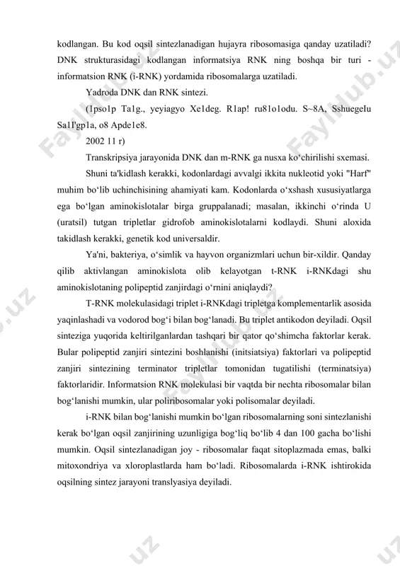 osomalarda i-rnk ishtirokida oqsilning sintez jarayoni translyasiya deyiladi. shunday qilib oqsil sintezining qisqacha sxemasi va bu jarayonda nuklein kislotalarning ishtiroki quyidagicha: dnk molekulasining spirallari ayrim qismlarida bir-biridan uzoklashib irnk sintezlanadi. i-rnk hujayra yadrosi tashkarisidagi ribosomalar yuzasiga chiqib joylashadi, u yerda oqsil sintezi sodir bo‘ladi, ya'ni shu yerga t-rnk olib kelgan aminokislotalar polipeptid zanjirini hosil qiladi. aminokislotalarning polipeptid zanjiridagi o‘rni kodon bilan, ya'ni i- rnk molekulasidagi azotli asoslar bilan bog‘lanadi. 1. genetik kod va uning ahamiyati gen - dnk molekulasining uchastkasi xisoblanib, unda polipeptid zanjiri to‘g‘risidagi informatsiya saqlanadi. sintezlanadigan oqsil molekulasidagi aminokislotalar joylanishi tartibi to‘g‘risidagi informatsiyani 4 xil mononukleotidlar yordamida ifodalanishi genetik koddeyiladi. genetik kodda 20 xil aminokislota 4 xil mononukleotid yordamida 43 = 64 ta kombinatsiyani yoki 64 ta tripletni xosil qiladi. genetik kodda 64 ta tripletdan 61 tasi 20 xil aminokislotani kodlaydi, qolgan 3 tasi (uaa, uag, ug a) ma'nosiz triplet bo‘lib, birorta xam aminokislotani ifodalamaydi. g yenetik kodning …
