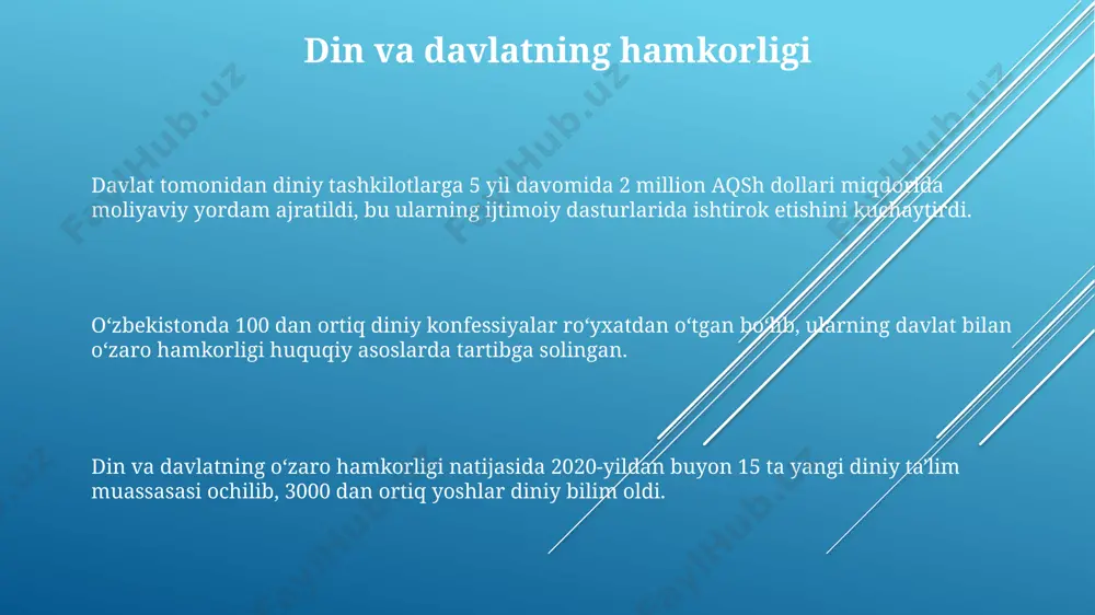 'z ichiga oladi. sekulyarizm va diniy erkinlik o'rtasidagi muvozanatni saqlashda davlatning neytralligi va diniy guruhlar o'rtasidagi teng huquqlilik muhim ahamiyatga ega. sekulyar davlatlarda 190 dan ortiq mamlakat diniy erkinlikni konstitutsiyaviy huquq sifatida kafolatlaydi, biroq amaliyotda cheklovlar mavjud bo'lishi mumkin. e'tiboringiz uchun rahmat @taqdimot_robot