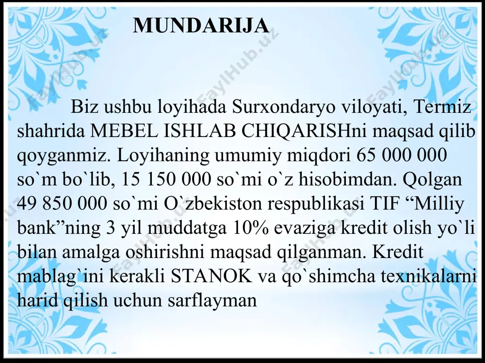 ona mahsulot bozordagi narxi bir oylik mahsulot summasi (13 juft) bir yillik mahsulot summasi (156 juft) oshxona mebeli 2 200 000 28 600 000 343 200 000 mahsulot tan narxi oshxona mebeli 1779 747 23 136 716 277 640 598 foyda (oylik ish haqqisiz) oshxona mebeli 420 253 5 463 289 65 559 468 ish haqqi oylik ish haqqi 167 692 2 180 000 26 160 000 sof foyda sof foydamiz 252 561 3 283 293 39 399 516 * jami: 2 400 000 majburiy pensiya to`lovi 5% - 2 400 000-5%=2 280 000 lavozimi oylik ish haqqi rahbar 600 000 bug`altr 300 000 usta 1 600 000 usta 2 600 000 farrosh 300 000 * sonlarni kiriting yig`ma ma`lumotlar kredit summasi 49 850 000,00 qaytariladigan jami mablag` 58 158 333 yillik foiz stavkasi 10,0% umumiy % summasi 8 308 333 kredit muddati (yil) 3 2,5 har oyda qaytariladigan kredit …
